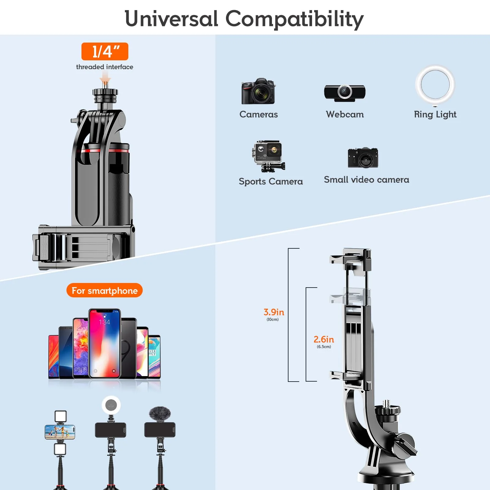 51”Selfie Stick Tripod, Aluminum Alloy Integrated Smartphone Tripod Stand with Wireless Remote Control Portable Retractable Cell Phone Tripod for iPhone/Samsung/GoPro/Android Phone Black - Image 6