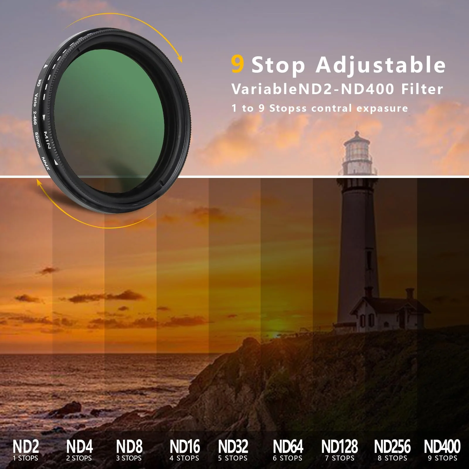52MM Variable ND2-ND400 Filter, Ultra Slim Multi-Coated Adjustable Neutral Density Filter, Clip-on Phone Lens ND Filter Kit, Compatible for iPhone 15 14 13 12 11, Google Pixel and Other Smart Phones - Image 2