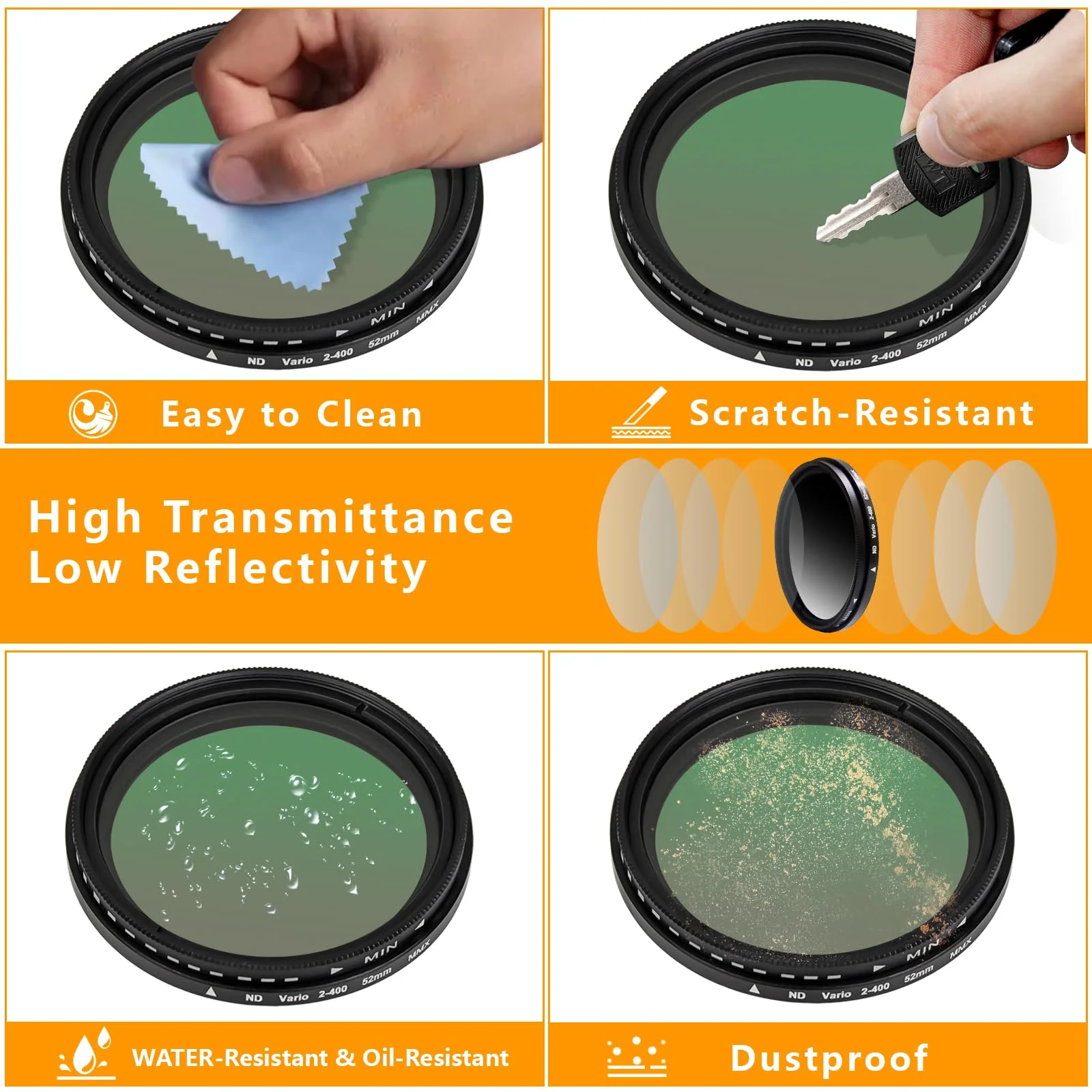 52MM Variable ND2-ND400 Filter, Ultra Slim Multi-Coated Adjustable Neutral Density Filter, Clip-on Phone Lens ND Filter Kit, Compatible for iPhone 15 14 13 12 11, Google Pixel and Other Smart Phones - Image 3