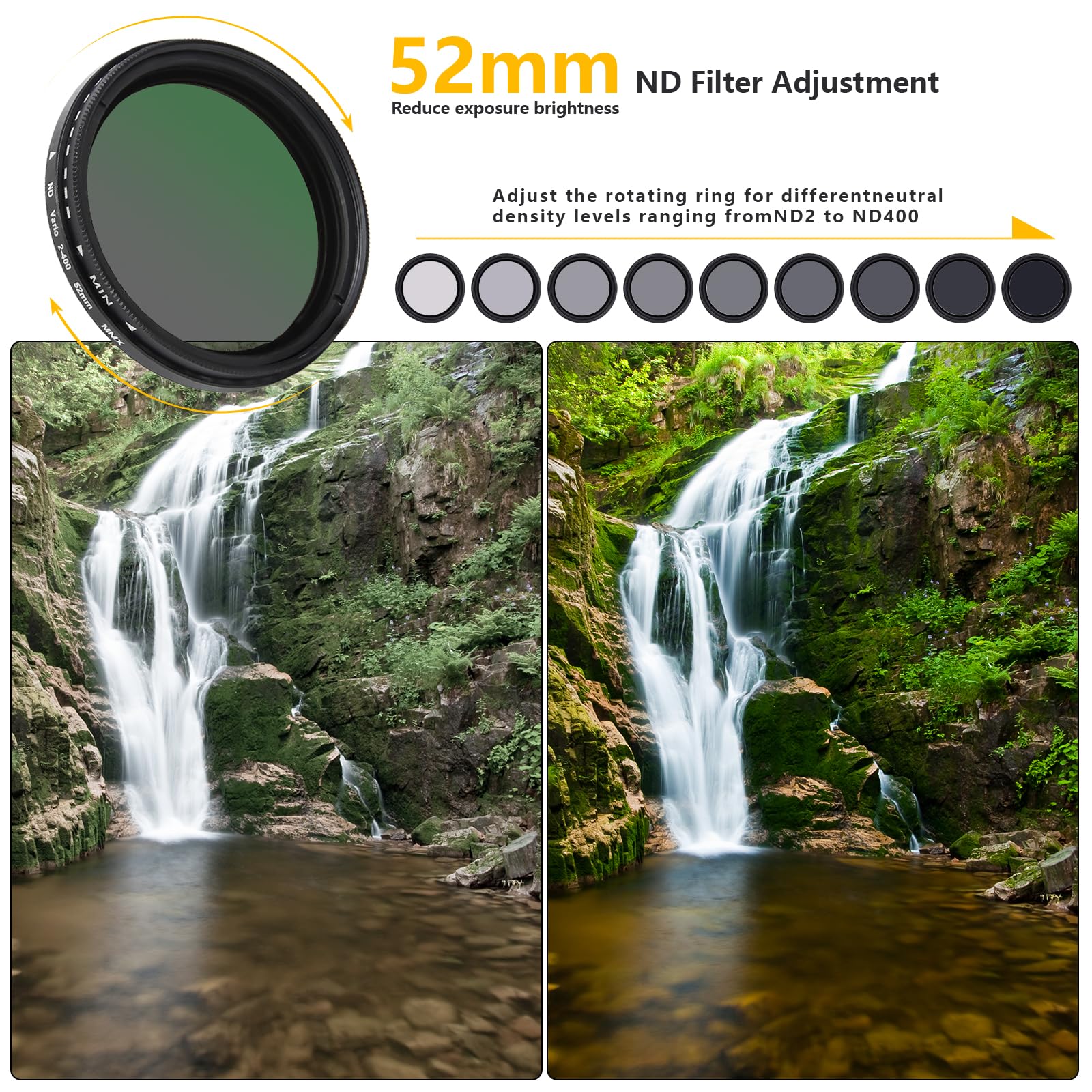 52MM Variable ND2-ND400 Filter, Ultra Slim Multi-Coated Adjustable Neutral Density Filter, Clip-on Phone Lens ND Filter Kit, Compatible for iPhone 15 14 13 12 11, Google Pixel and Other Smart Phones - Image 4