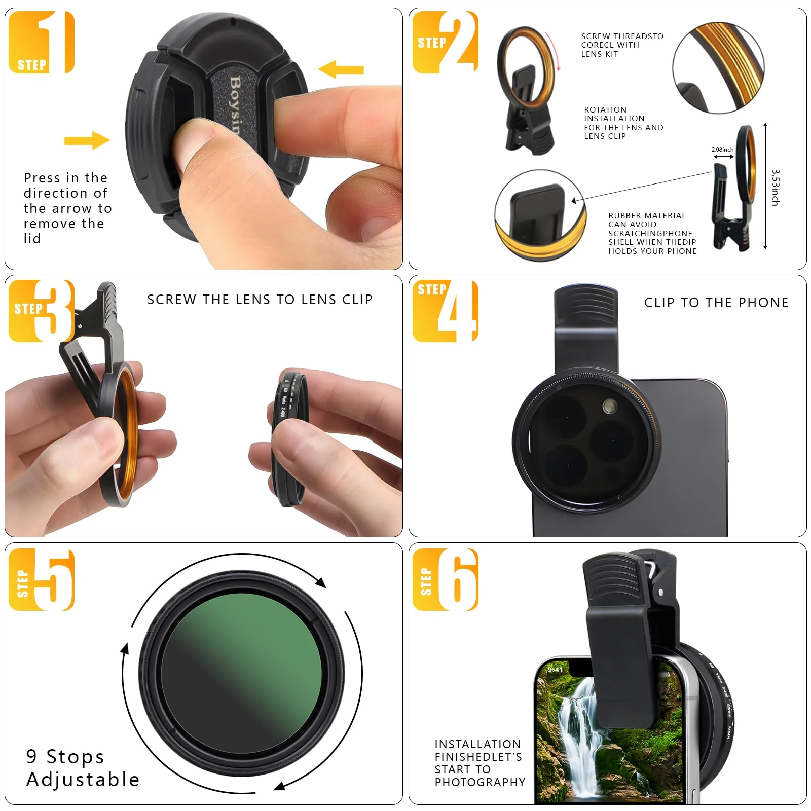 52MM Variable ND2-ND400 Filter, Ultra Slim Multi-Coated Adjustable Neutral Density Filter, Clip-on Phone Lens ND Filter Kit, Compatible for iPhone 15 14 13 12 11, Google Pixel and Other Smart Phones - Image 5