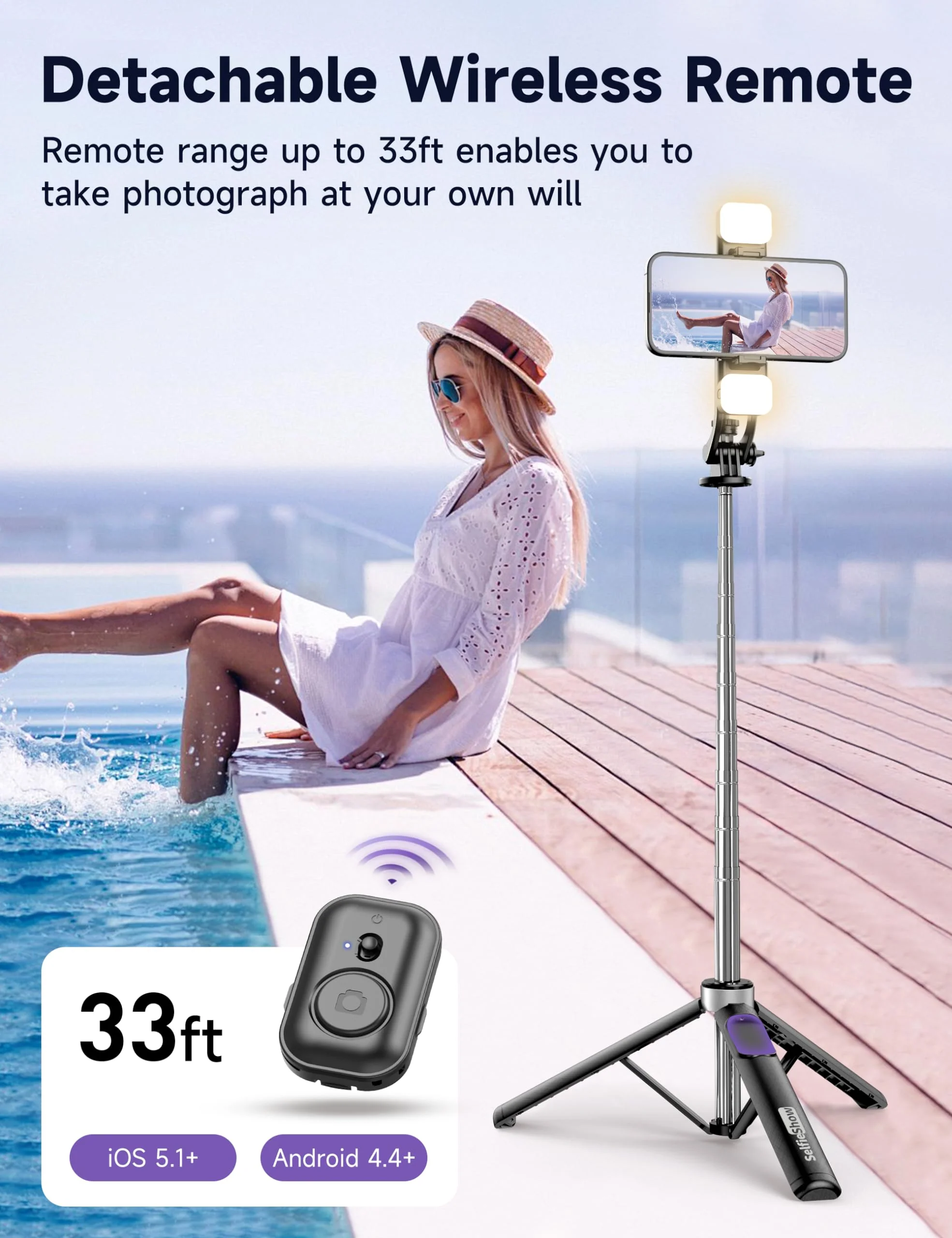 53'' Selfie Stick Tripod with Light, Extendable Selfie Stick with Remote, Portable Cell Phone Tripod Stand with All in 1 Phone Clip, Lightweight Camera Tripod Compatible with iPhone 15 14 13, Android - Image 4