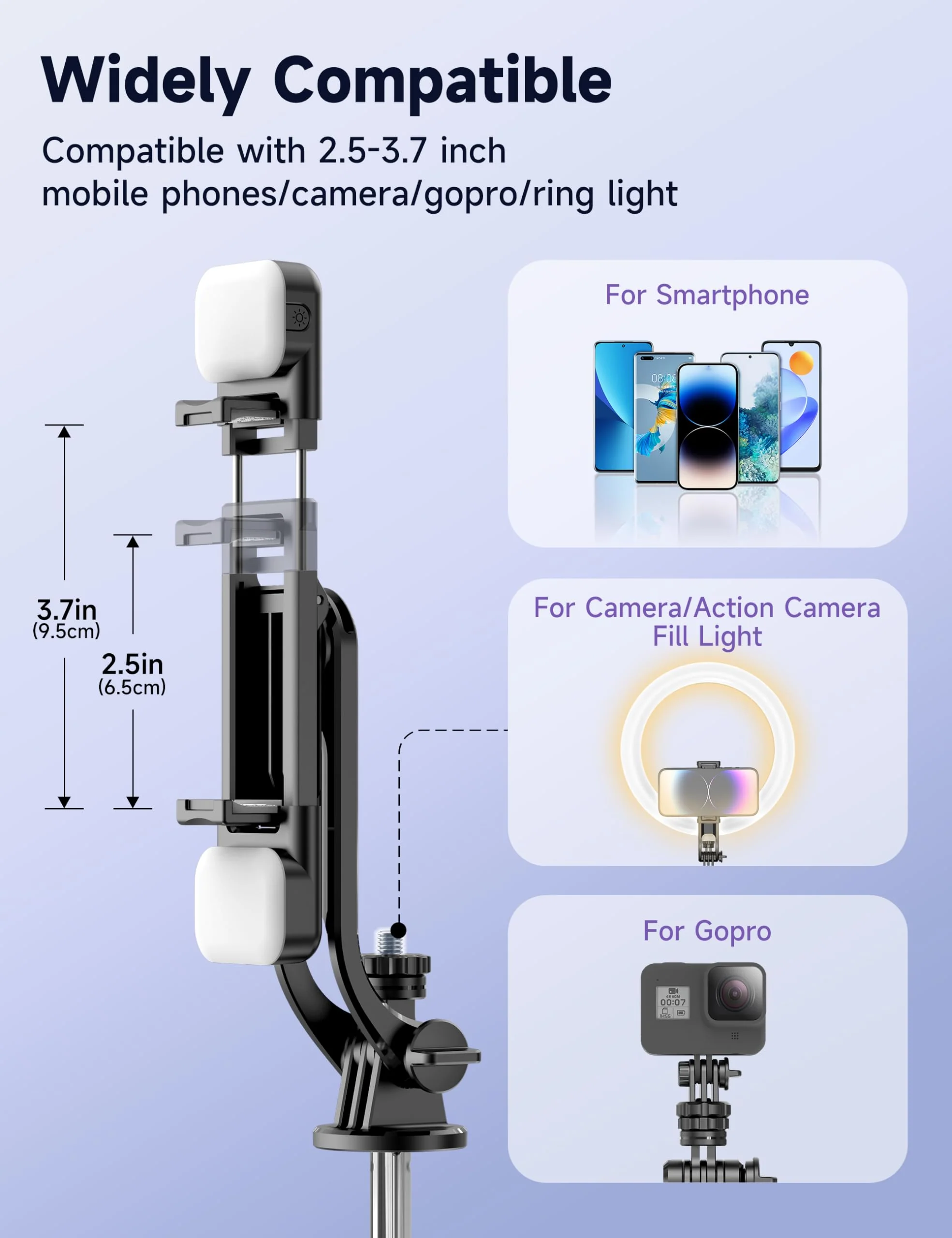 53'' Selfie Stick Tripod with Light, Extendable Selfie Stick with Remote, Portable Cell Phone Tripod Stand with All in 1 Phone Clip, Lightweight Camera Tripod Compatible with iPhone 15 14 13, Android - Image 5