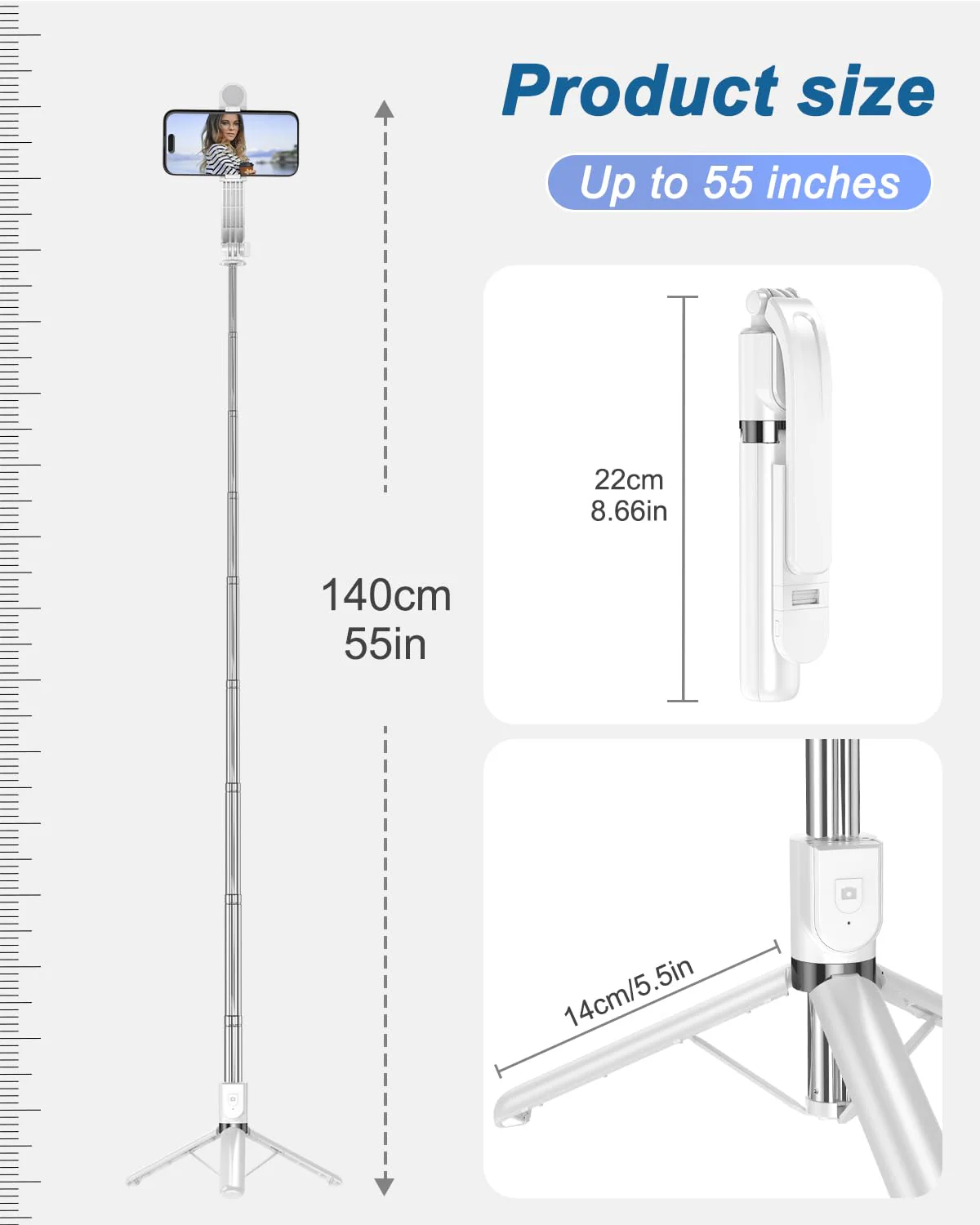 55" Phone Tripod & Selfie Stick,Cell Phone Tripods Stand with Wireless Remote,Phone Holder with Detachable Light, for iPhone 14 13 12 pro Xr X 8Plus 7, Android, Samsung Galaxy S22 S21 and More White - Image 2