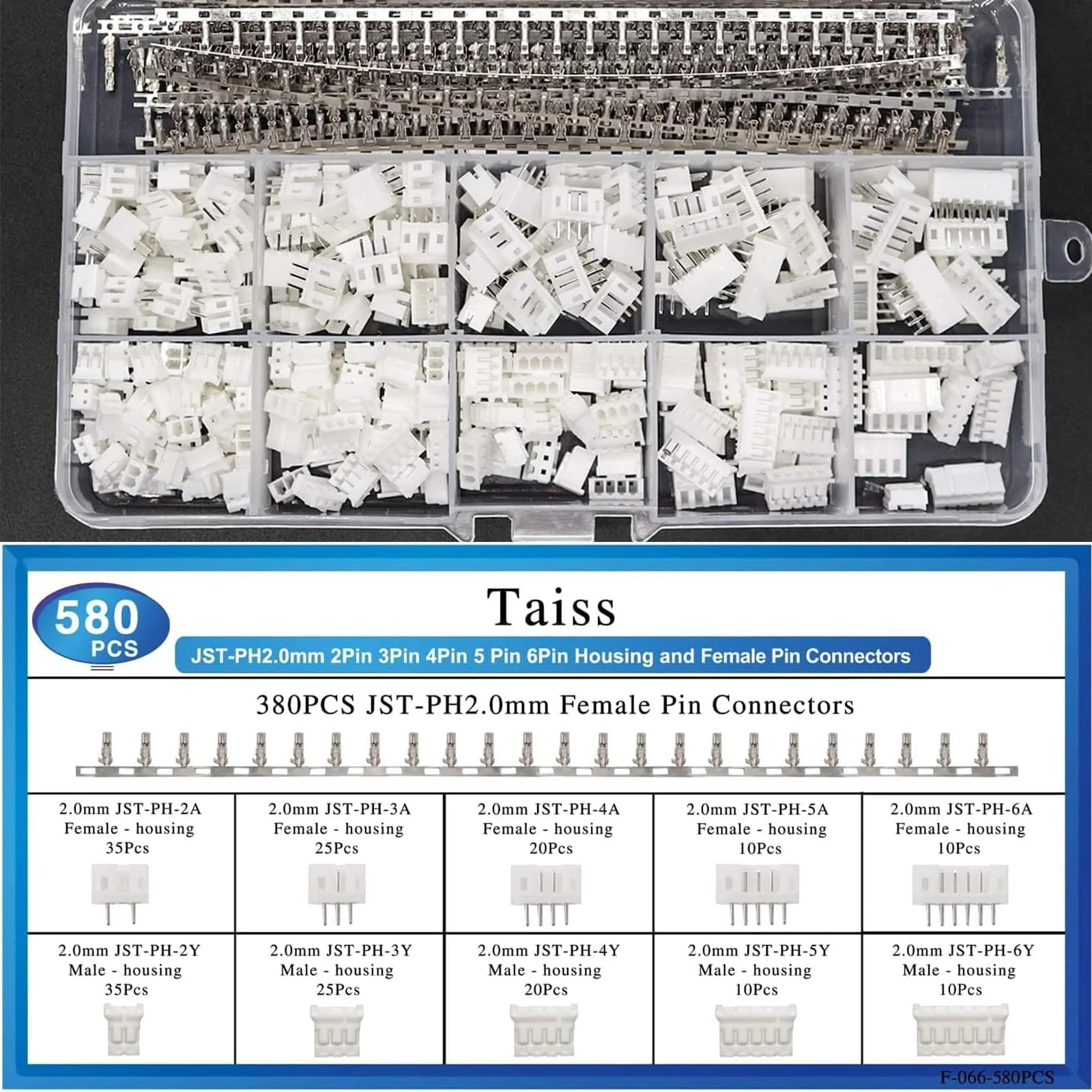 580 pieces JST-XH plug kit, PH 2.0 2/3/4/5/6-pin JST adapter male and male socket, adapter cable, 2.54 mm female metal pin connector, adapter F-066-580 pieces - Image 3