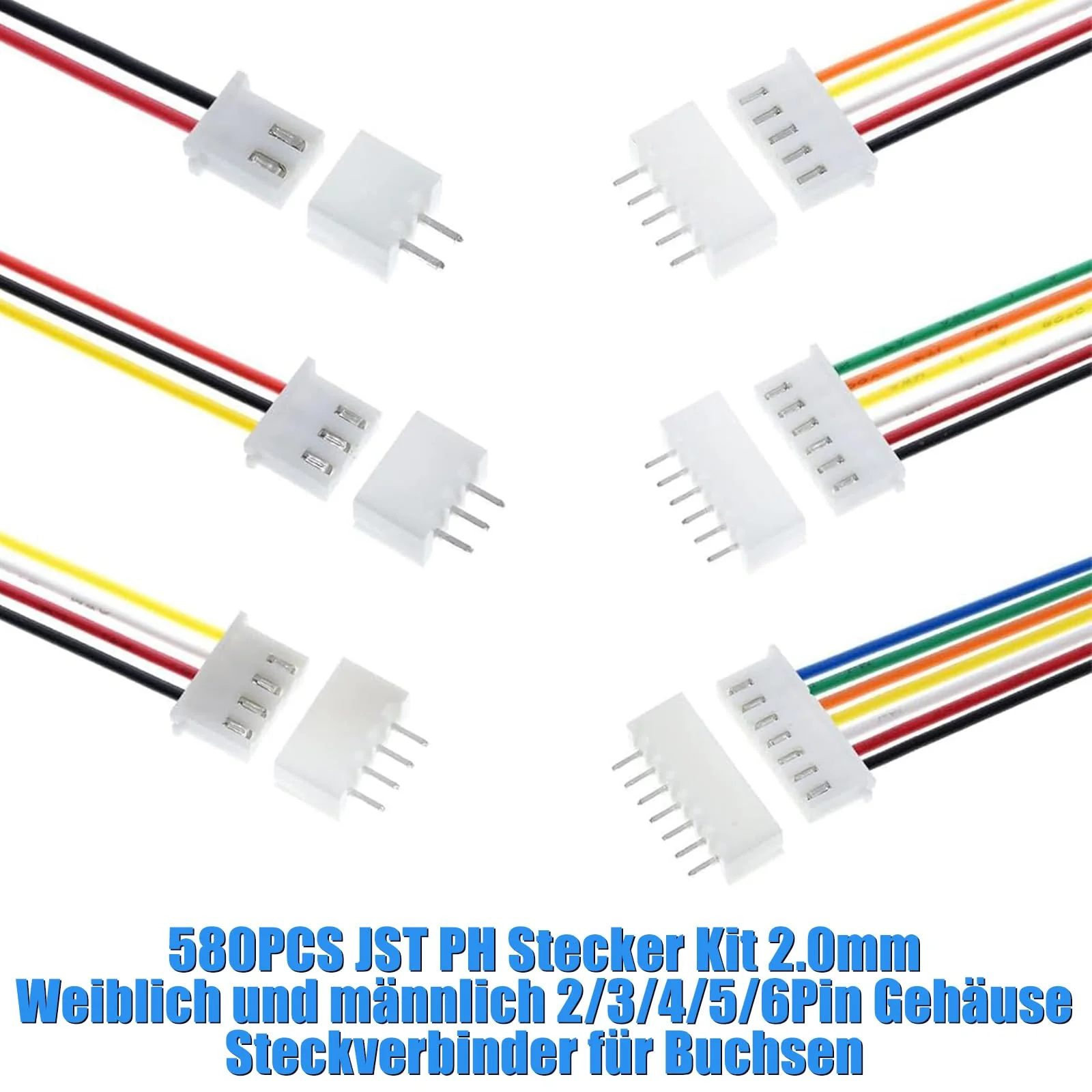 580 pieces JST-XH plug kit, PH 2.0 2/3/4/5/6-pin JST adapter male and male socket, adapter cable, 2.54 mm female metal pin connector, adapter F-066-580 pieces - Image 6