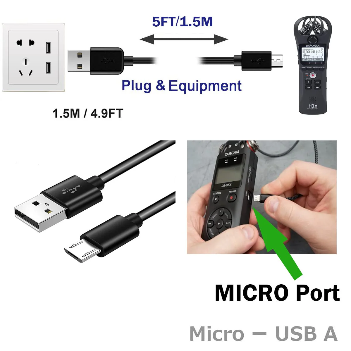 5foot DR-05x USB Charge Cable, Charging Cord Compatible for Zoom H1n/ Q2n/ H8/ F1, LiveTrak L-8, Tascam DR-05X, DR-40X, DR-07X,DR-22WL,DR-44WL,DR-70D Mini Portable Handheld Audio Digital Recorder - Image 4