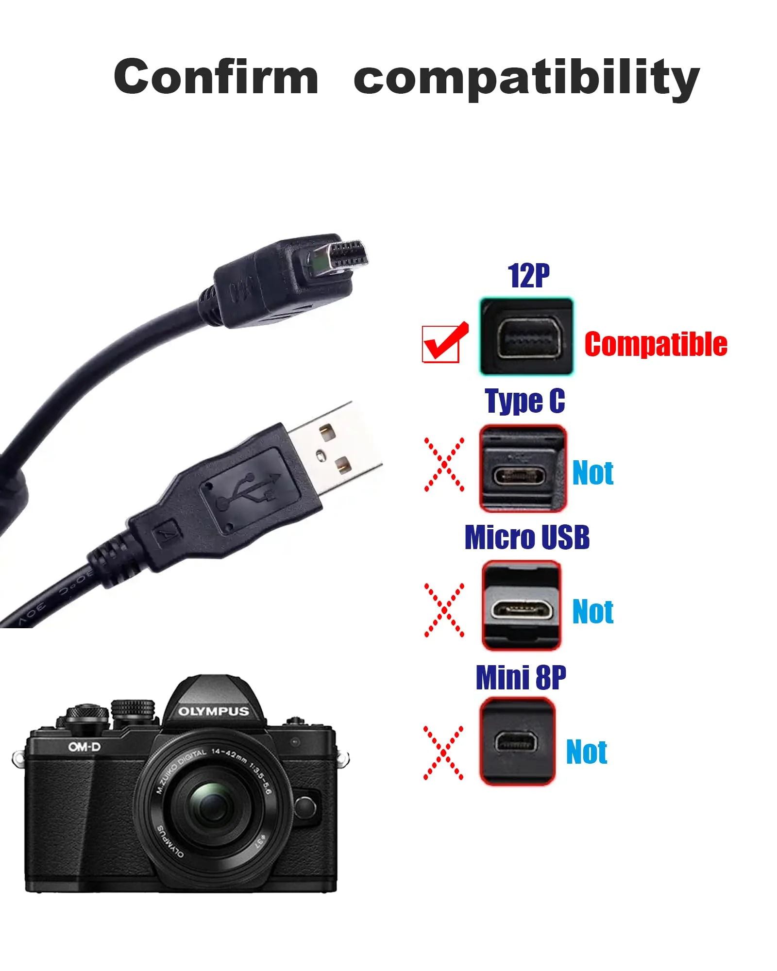 5Ft for Olympus Camera Charger CB-USB5 CB-USB6 CB-USB8 Compatible with Olympus Tough TG-310, TG-320, TG-610, TG-810, TG-820, TG-835, TG-850, TG-860,TG-870 Camera - Image 5