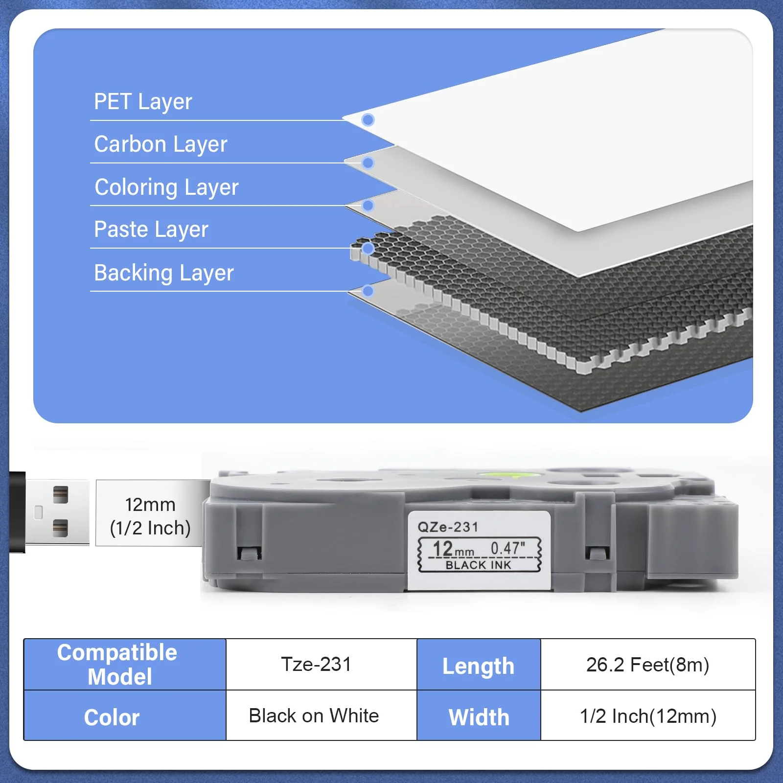5Pack TZe-231 Tape Label Maker Compatible with Brother P-Touch TZe-231 Tape, TZE231 ½” 0.47”x 26.2 ft Laminated Black on White, for use with PT-D210, PT-H110, PT-D220, PT-D410, PT-D600 12mm 0.47" 5 - Image 2