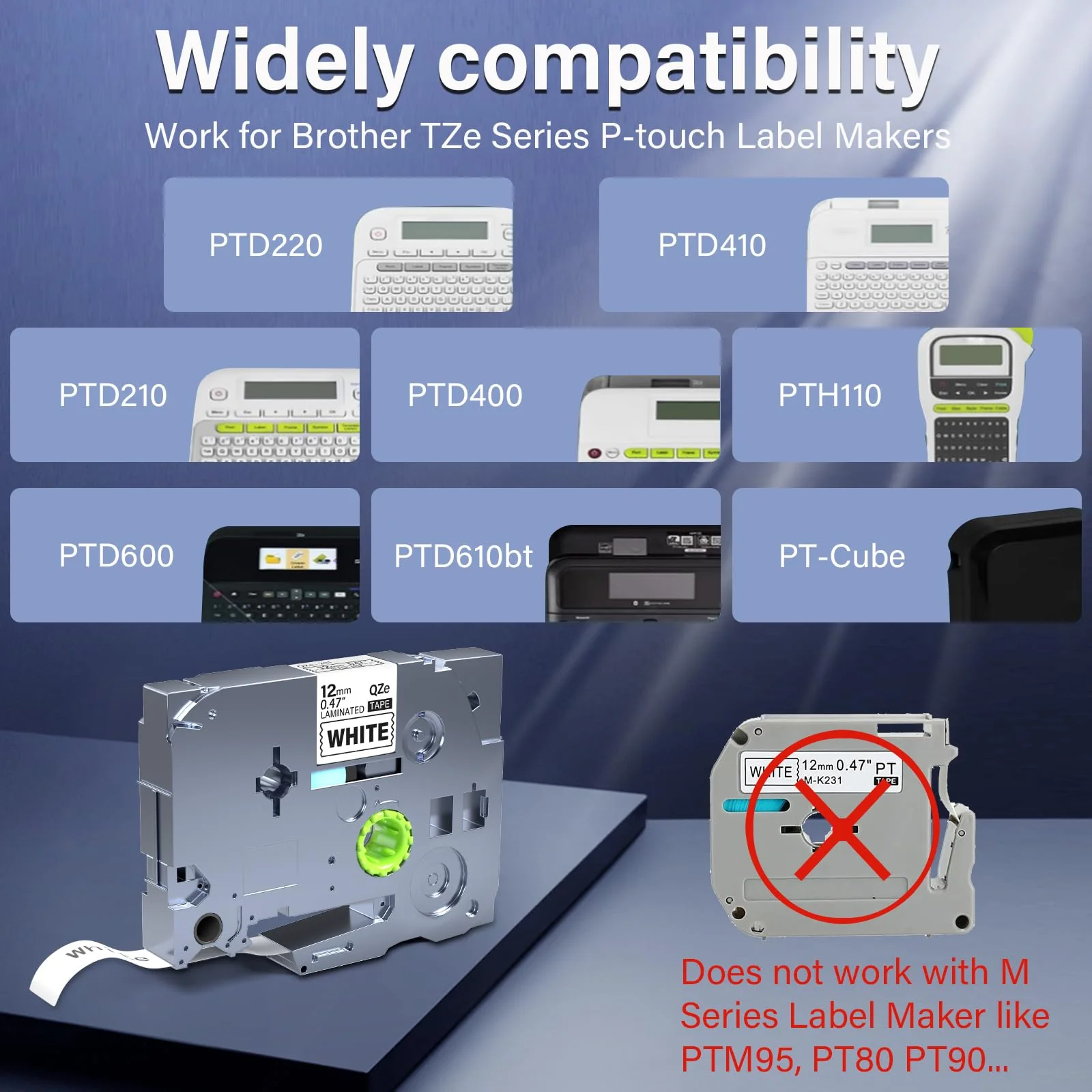 5Pack TZe-231 Tape Label Maker Compatible with Brother P-Touch TZe-231 Tape, TZE231 ½” 0.47”x 26.2 ft Laminated Black on White, for use with PT-D210, PT-H110, PT-D220, PT-D410, PT-D600 12mm 0.47" 5 - Image 3