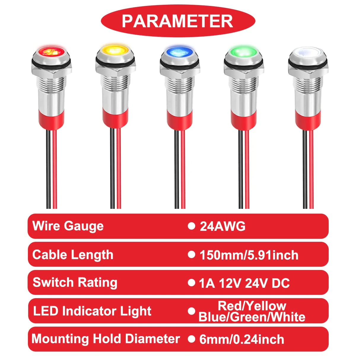 5Pcs 6mm DC 12-24V Red/Yellow/Blue/Green/White LED Metal Indicator Light Waterproof Signal Lamp with 150mm Cable Length Metal LED Indicator Light and Wiring Cap for Car Interior Trucks Boats - Image 2