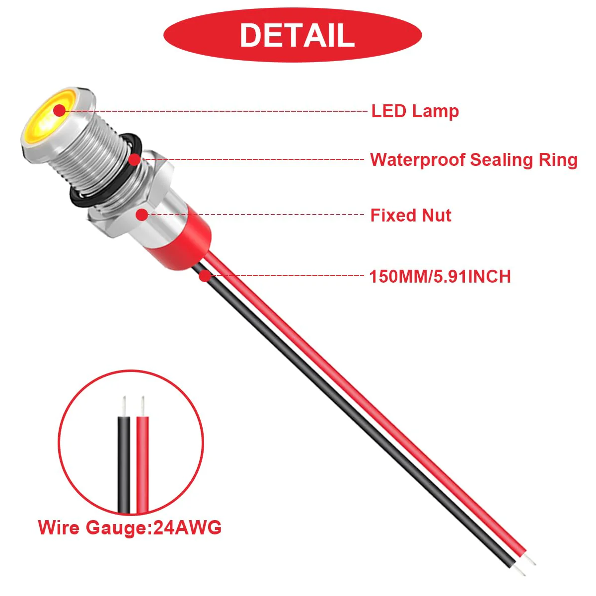 5Pcs 6mm DC 12-24V Red/Yellow/Blue/Green/White LED Metal Indicator Light Waterproof Signal Lamp with 150mm Cable Length Metal LED Indicator Light and Wiring Cap for Car Interior Trucks Boats - Image 3