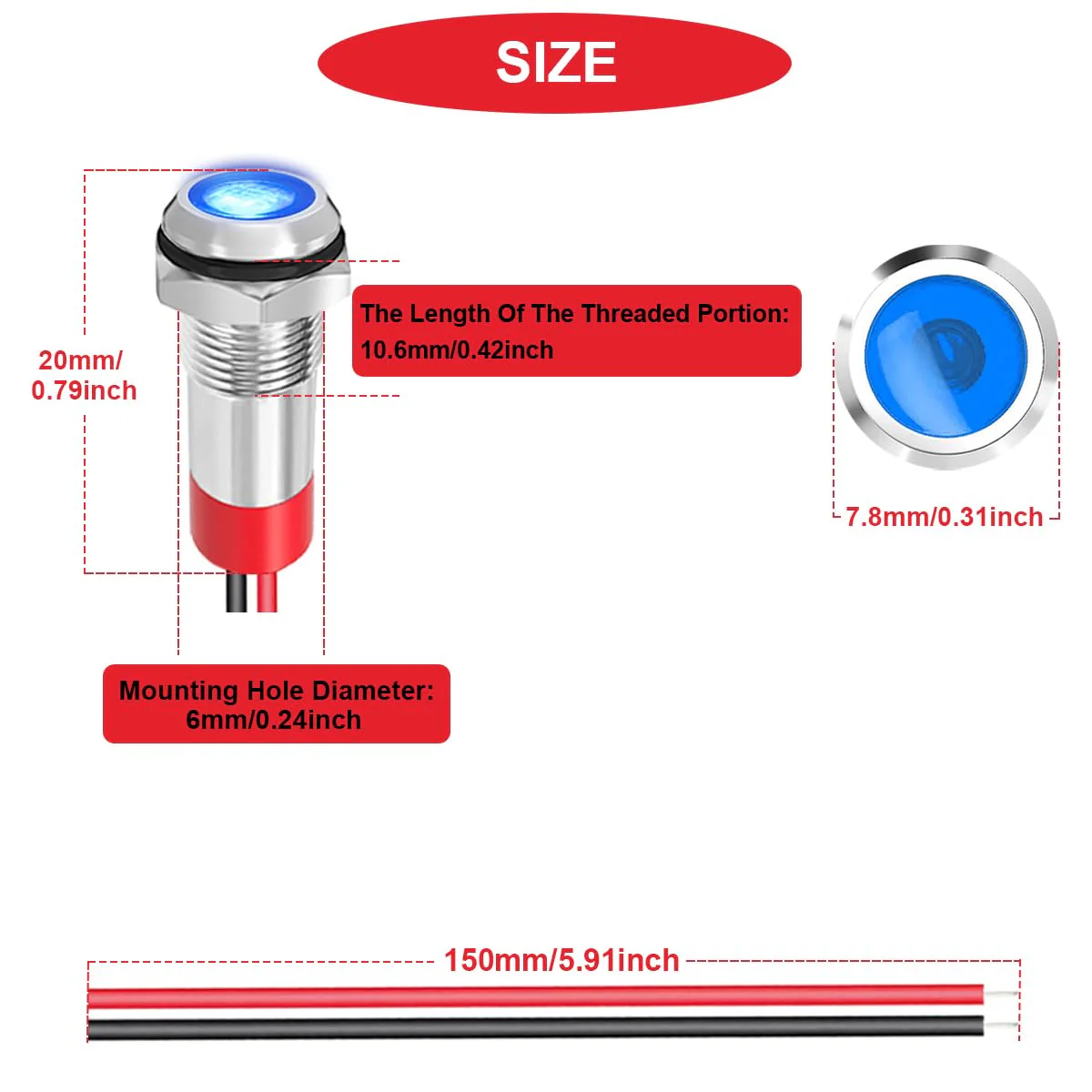 5Pcs 6mm DC 12-24V Red/Yellow/Blue/Green/White LED Metal Indicator Light Waterproof Signal Lamp with 150mm Cable Length Metal LED Indicator Light and Wiring Cap for Car Interior Trucks Boats - Image 4