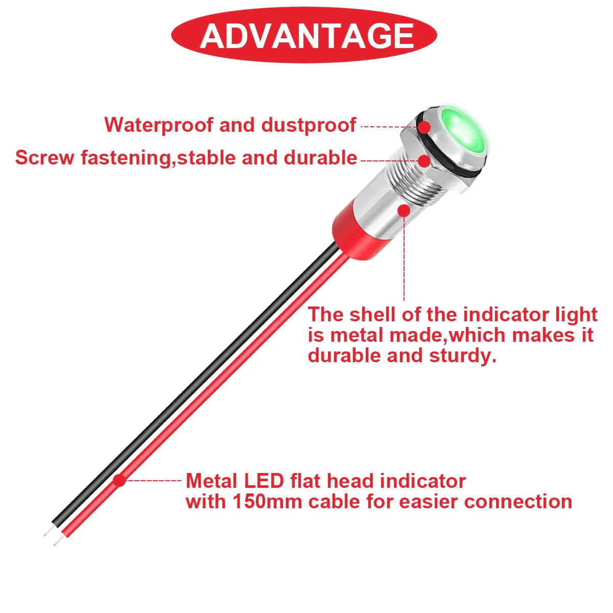 5Pcs 6mm DC 12-24V Red/Yellow/Blue/Green/White LED Metal Indicator Light Waterproof Signal Lamp with 150mm Cable Length Metal LED Indicator Light and Wiring Cap for Car Interior Trucks Boats - Image 6