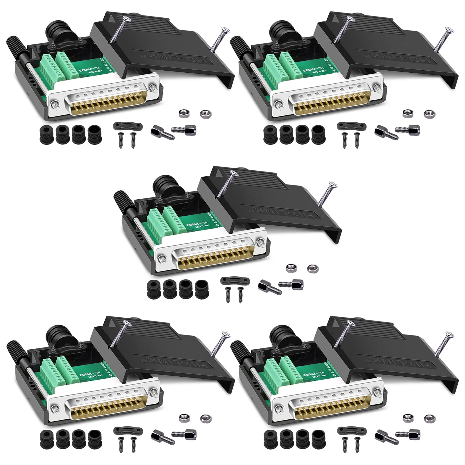 5PCS DB25 Solderless Connector, RS232 D-SUB Serial to 25-pin Port 16mm Thinner Terminal Male Adapter Breakout Board with Case Long Bolts Nuts 5PCS Male