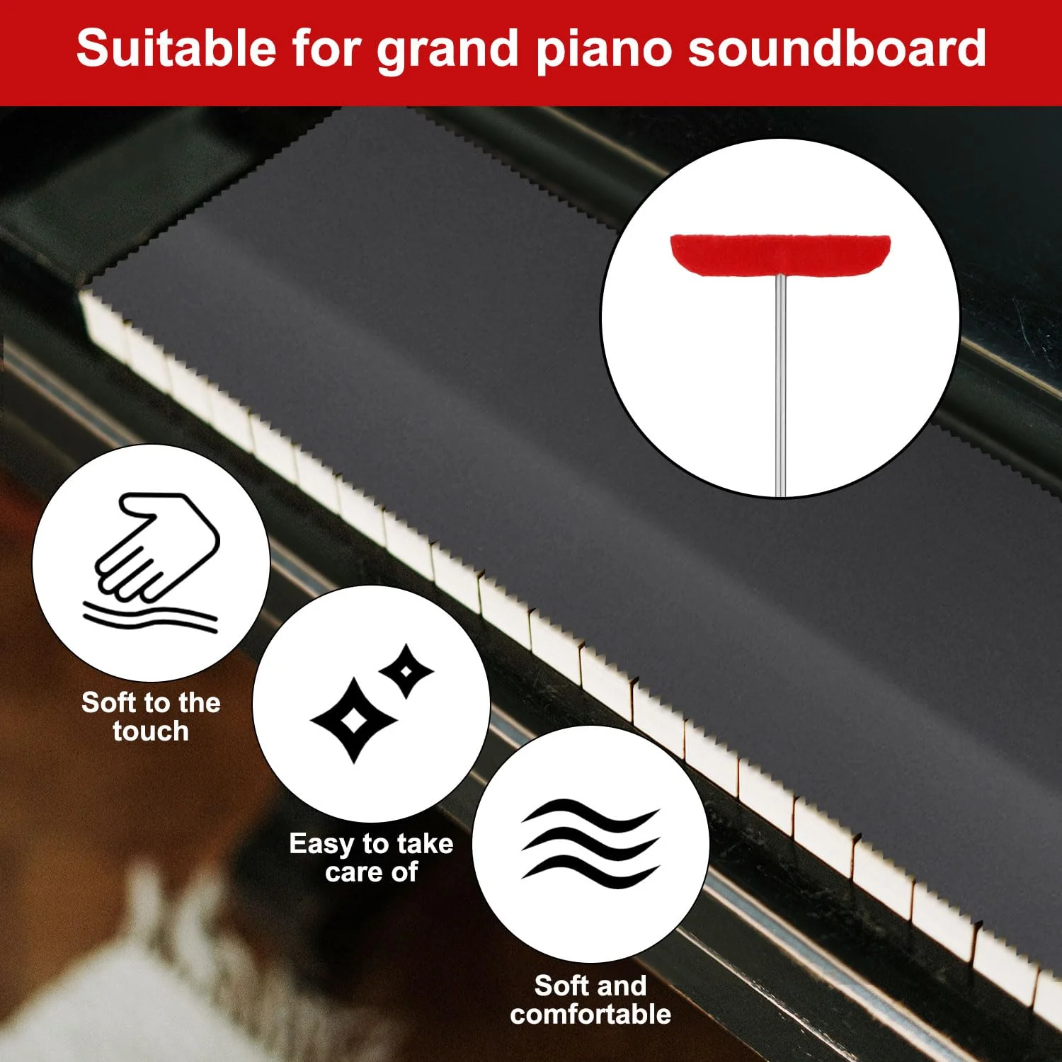 5pcs Grand Piano Soundboard Cleaning Tools, Includes Big & Small Brush Head Cleaning Tool Extension Rod Soft Fiber Polish Cloth, Piano Cleaner Kit (Black, Soundboard Dust Cover) Black, Soundboard Dust Cover - Image 5