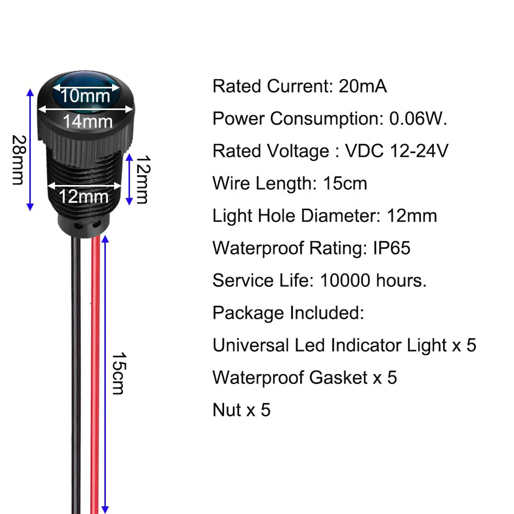 5pcs LED Plastic Indicator Pilot Light AC/DC 12-24V Mounting Hole Size 12mm(Blue) blue/AC/DC 12-24V/black shell - Image 5