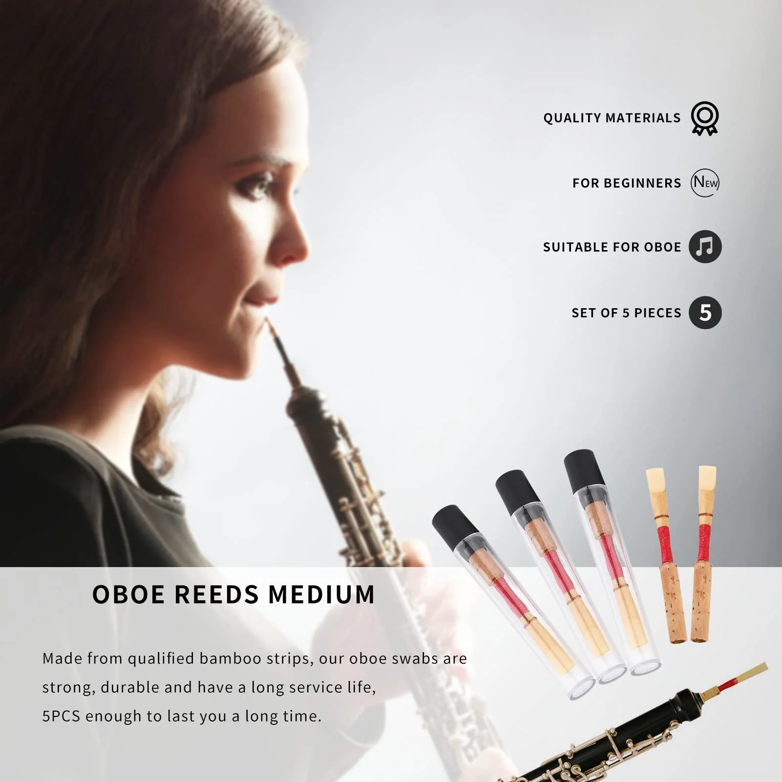 5PCS Oboe Reeds Medium, Oboe Reed with 72mm/2.83" Reed, Oboe Instrument Accessory, No Soaking Required, Oboe Reeds for Beginners, 82 x 13 x 13mm - Image 4