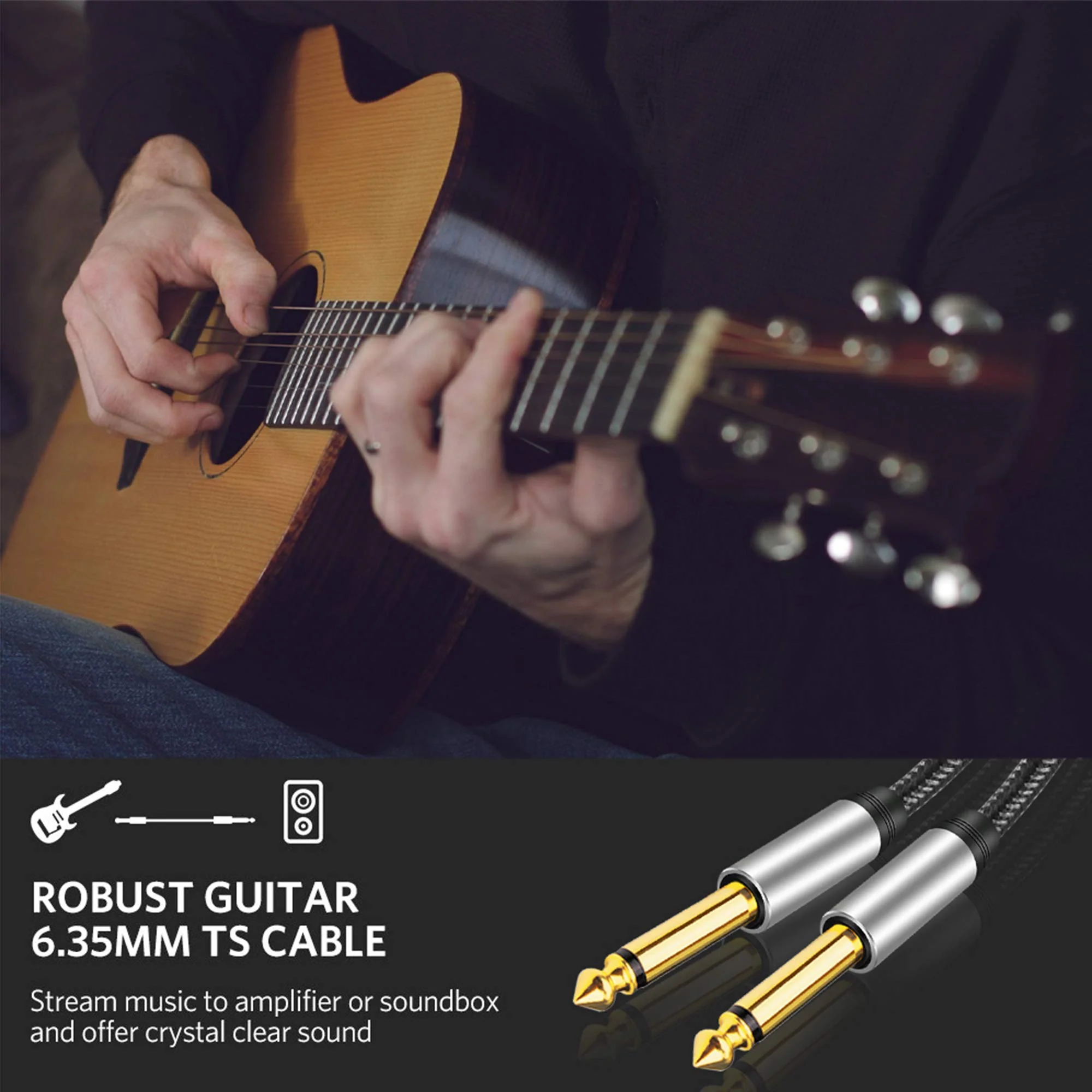 6.35mm Instrument Cable 3Ft,Silver Color Premium 6.35mm Mono Jack 1/4" TS Cable Unbalanced Guitar Patch Cords/Instrument Cable Male to Male with Zinc Alloy Housing and Nylon Braid(3Ft/1M) 3Ft/1M - Image 4