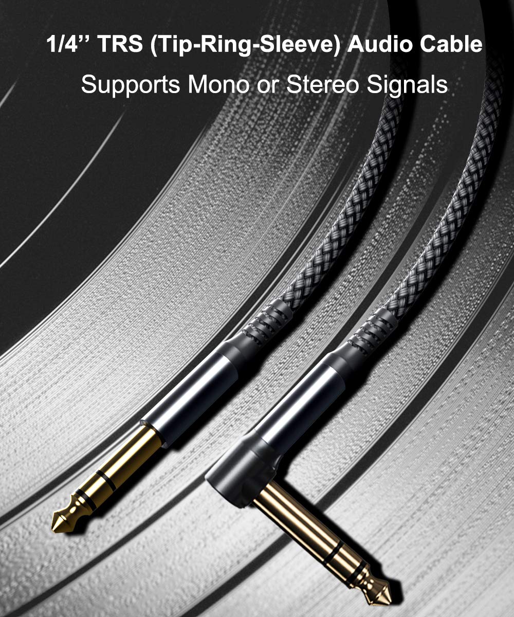 6.35mm TRS Instrument Cable 30FT 2-Pack,Right Angle 90 Degree 1/4 Inch Male Jack Stereo Audio Cord,6.35 Balanced Line Lead for Electric Guitar,Bass,Keyboard,Mixer,Amplifier/AMP,Speaker,Equalizer 9M/30 FT Gray - Image 4
