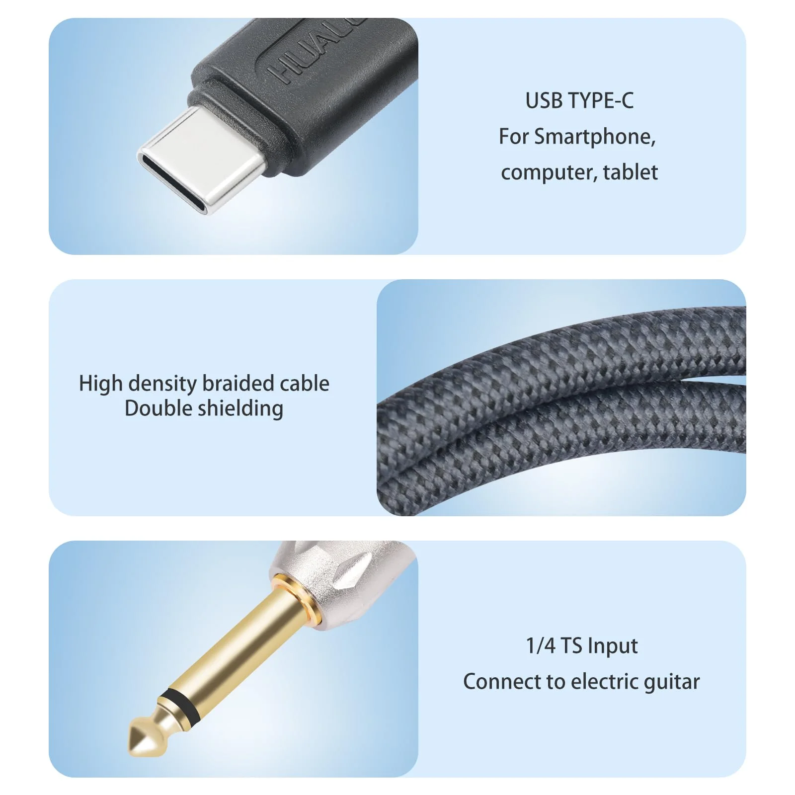 6.6Ft 1/4 to USB C Electric Guitar Recording Cable, USB C to 1/4 TS Electric bass Guitar Cable for Recording, Electric Guitar 1/4 TS 6.35 mm Male Jack to Computer, Smartphone 6.6Feet - Image 5