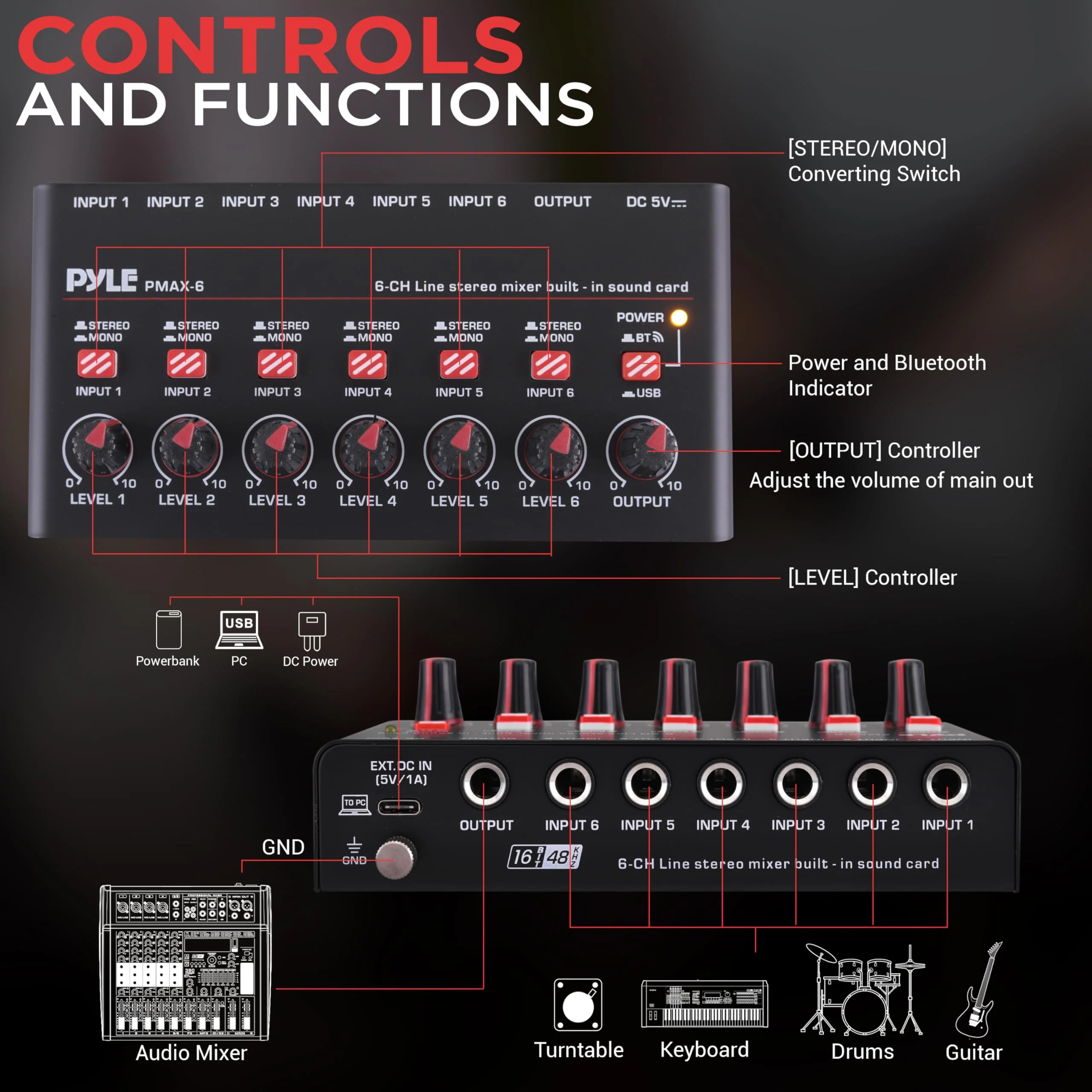 6-Channel Wireless BT Streaming Mini Line Mixer with USB Audio Interface - 6 Mono/Stereo Switching Inputs | Ultra-low Noise Design with High Headroom | Built-in USB Sound Card 6 Channel - Image 2