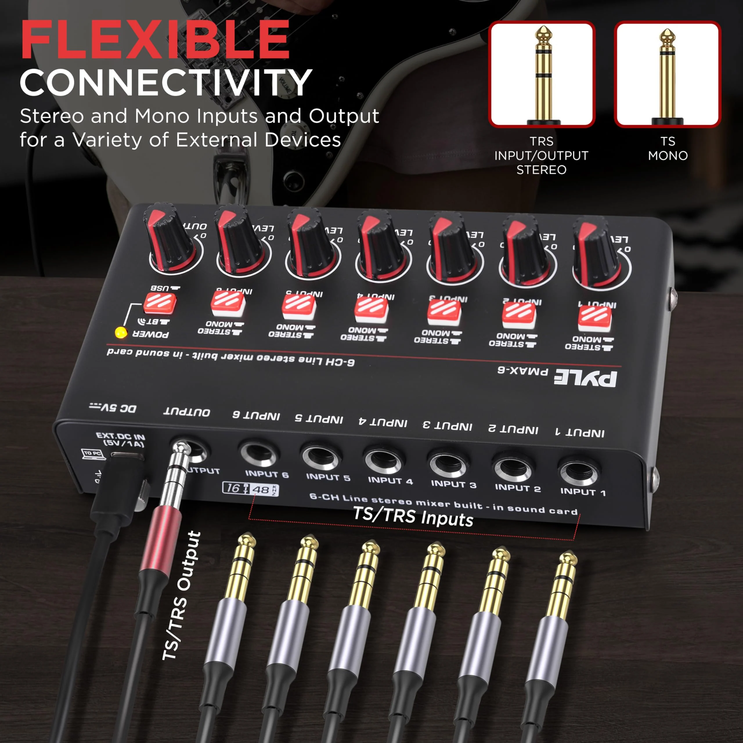 6-Channel Wireless BT Streaming Mini Line Mixer with USB Audio Interface - 6 Mono/Stereo Switching Inputs | Ultra-low Noise Design with High Headroom | Built-in USB Sound Card 6 Channel - Image 4