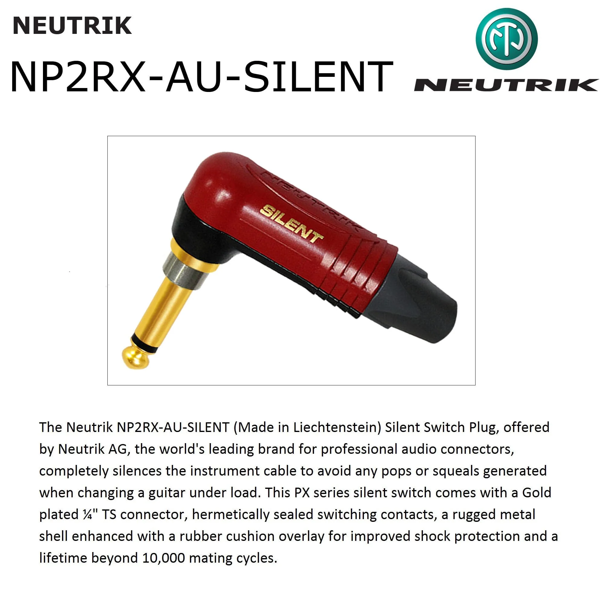 6 Foot - WBC-PRO-Guitar – 20 AWG - Low-Cap (18pF/ft) – Pro-Grade – Graphite-Based - Dual-Shielded Guitar Bass Instrument Cable w/Neutrik Straight - Angled (SilentPLUG) ¼ Inch (6.35mm) Gold TS Plugs - Image 6