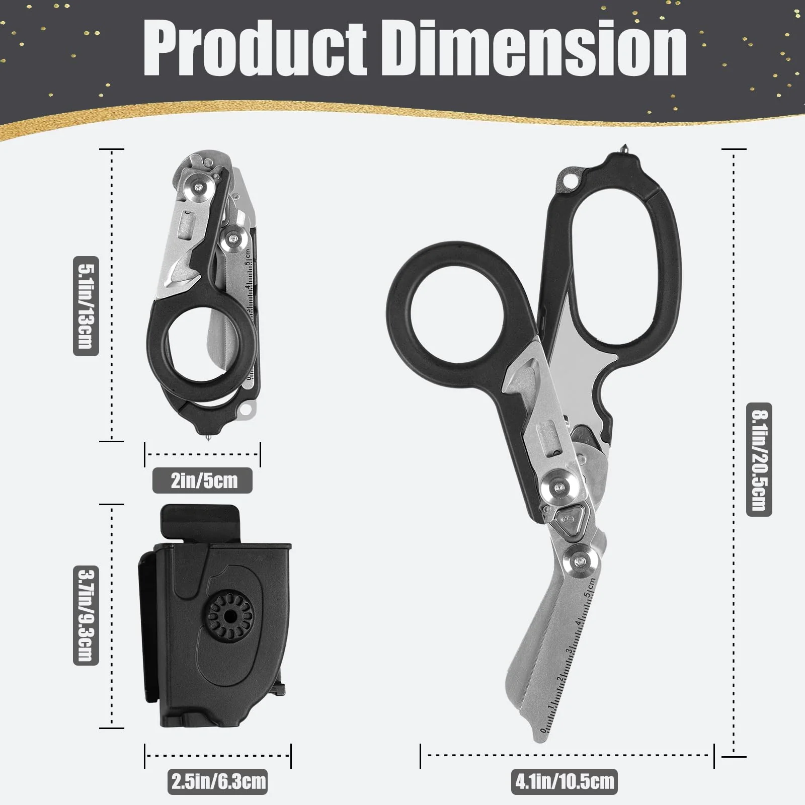 6 in 1 Multifunctional Foldable Trauma Scissors with Compatible Holster Emergency Response Scissors Camping Rescue Tools Outdoor with Tape Cutter and Glass Breaker Black - Image 2