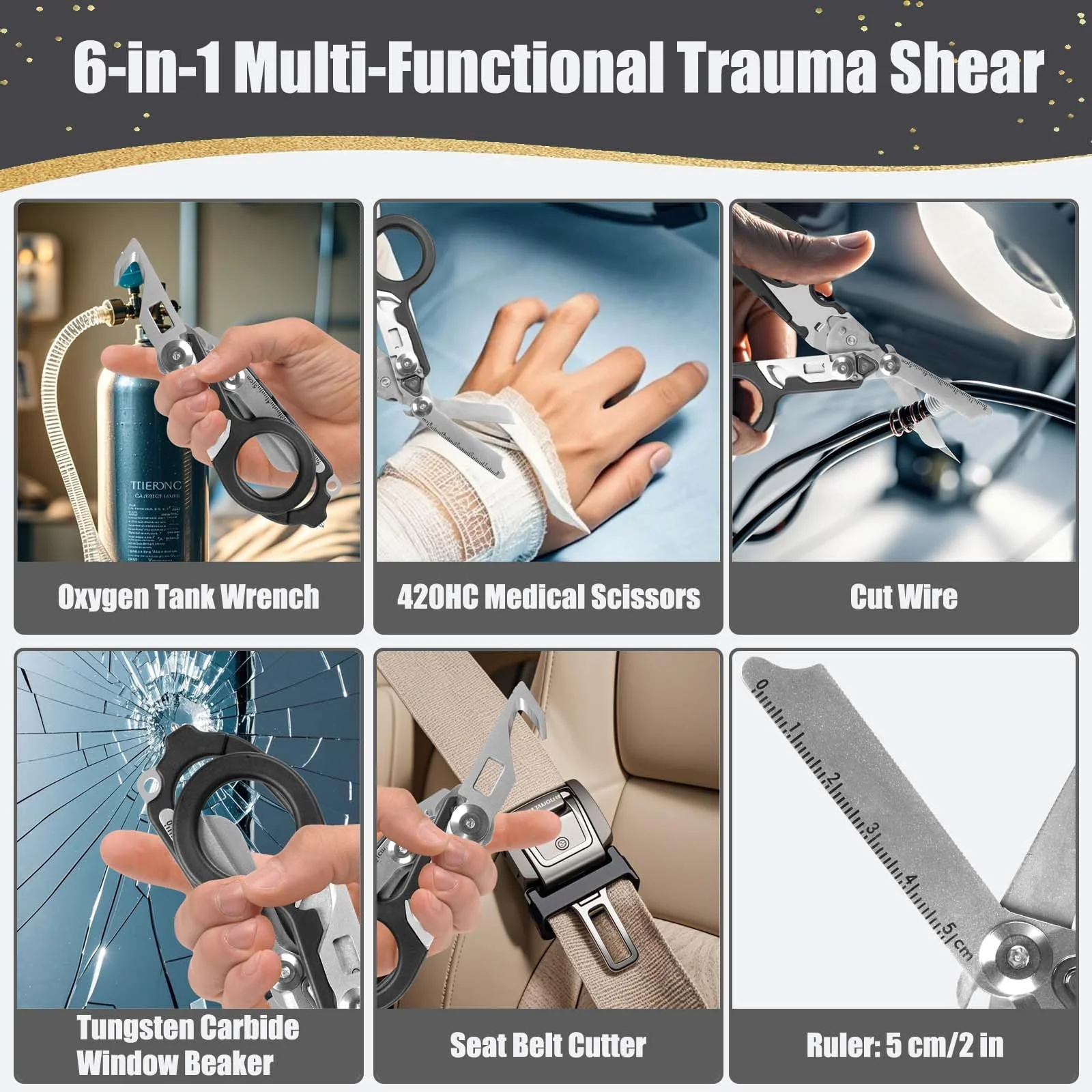 6 in 1 Multifunctional Foldable Trauma Scissors with Compatible Holster Emergency Response Scissors Camping Rescue Tools Outdoor with Tape Cutter and Glass Breaker Black - Image 4