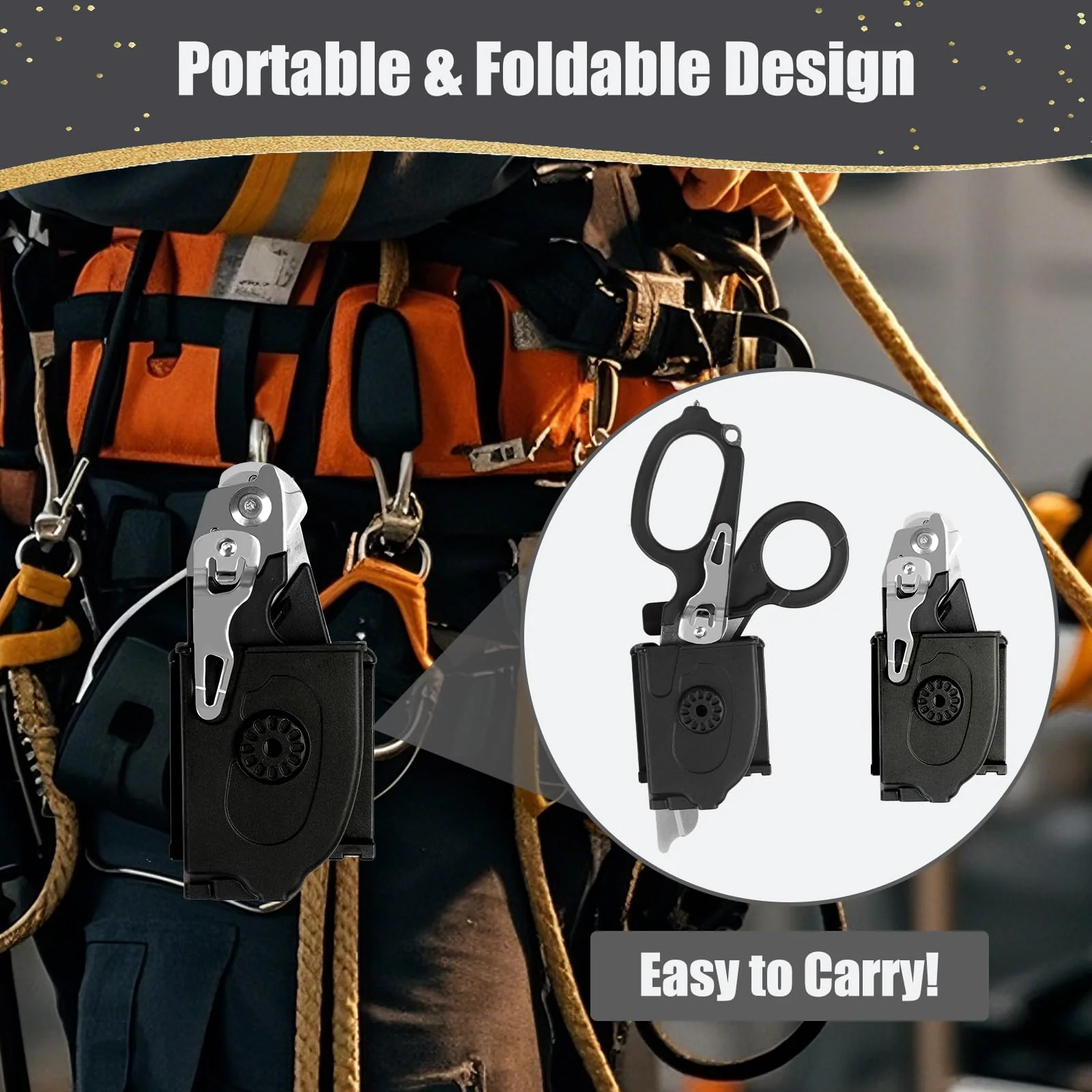 6 in 1 Multifunctional Foldable Trauma Scissors with Compatible Holster Emergency Response Scissors Camping Rescue Tools Outdoor with Tape Cutter and Glass Breaker Black - Image 7