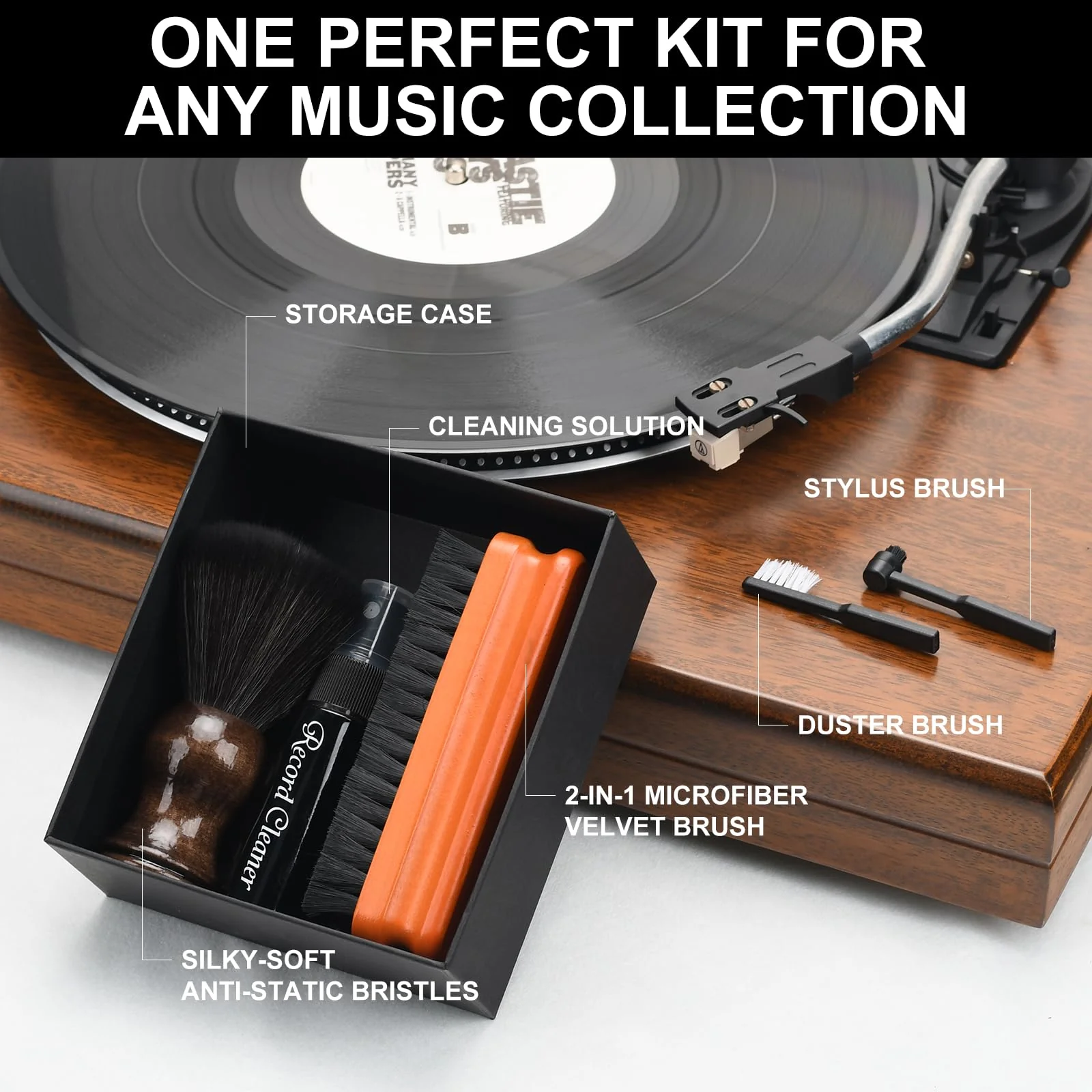 6-in-1 Vinyl Record Cleaning Kit | Vinyl Record Cleaner Kit – Includes 2in1 Velvet Microfiber Brush, Soft Antistatic Nano Fiber Brush, Cleaning Liquid, Duster & Stylus Brush, Storage Box, for Records 6PCS - Image 5