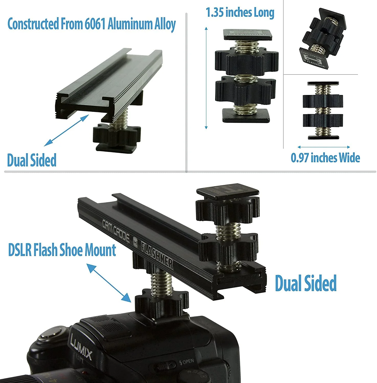 6 Inch Cold Shoe Extension Bracket - Dual Sided Camera Flash Mount with D-Flashner Adapter by Cam Caddie - Black 6 Inch - Image 2