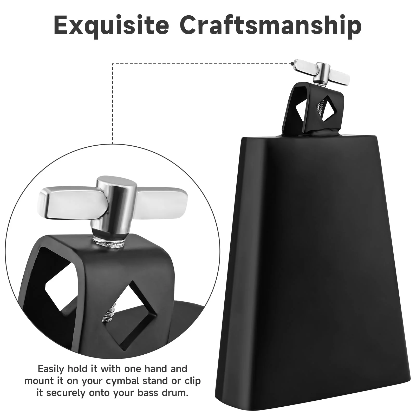 6 Inch Cowbell and Cowbell Clamp, Cowbell Holder Percussion Accessory for Drum Sets, Adjustable Standard Cowbell Mount Holder, Bass Drum Hoop Up or Down Drum Key - Image 3
