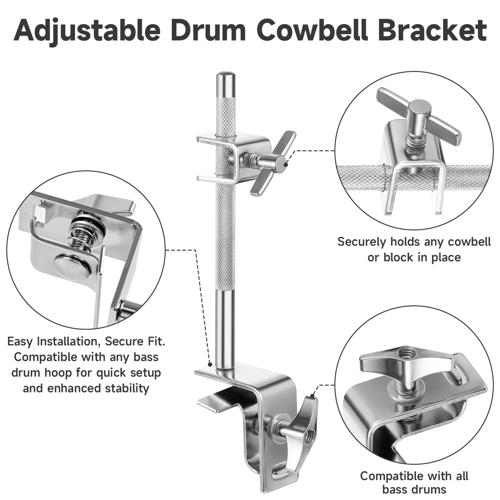 6 Inch Cowbell and Cowbell Clamp, Cowbell Holder Percussion Accessory for Drum Sets, Adjustable Standard Cowbell Mount Holder, Bass Drum Hoop Up or Down Drum Key - Image 4
