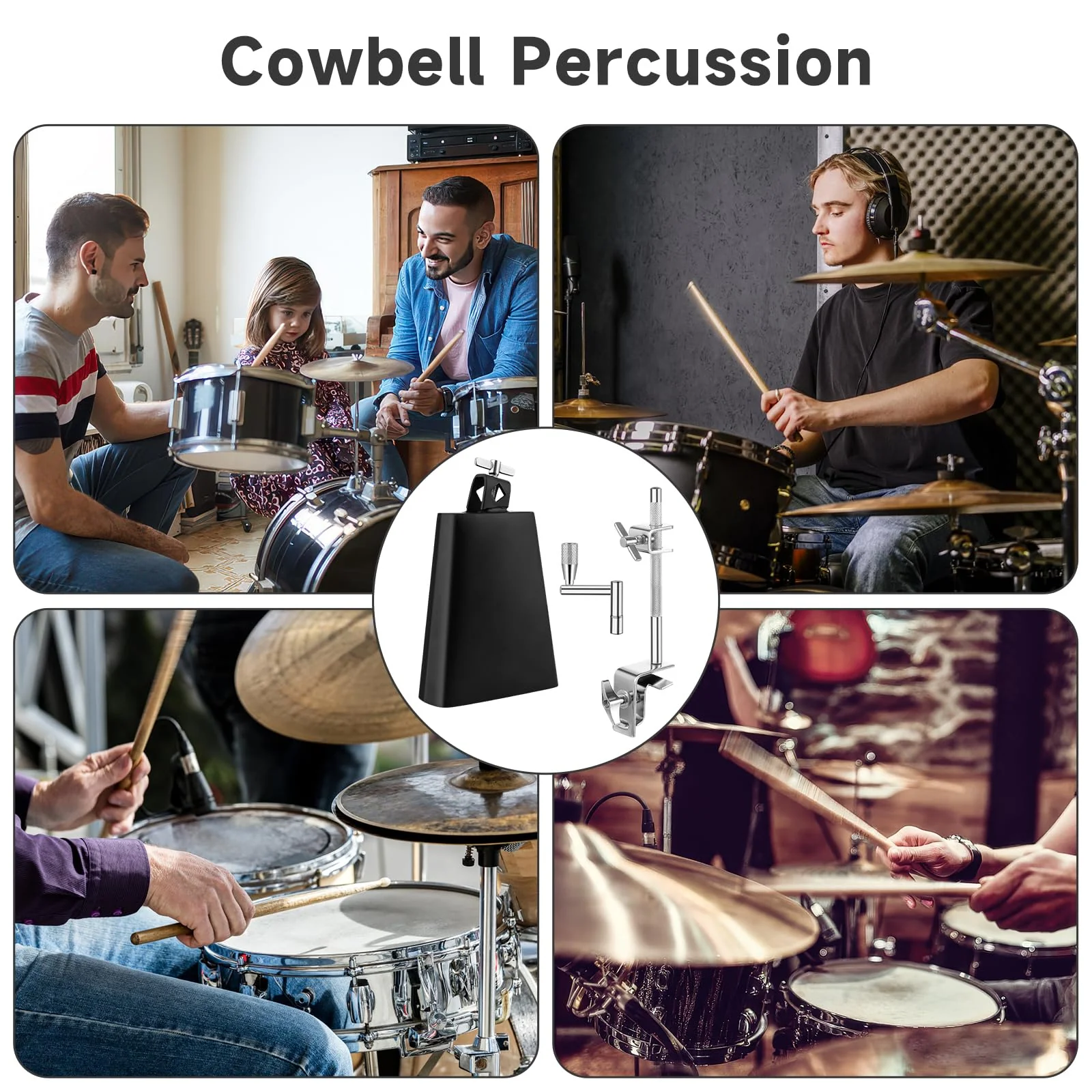 6 Inch Cowbell and Cowbell Clamp, Cowbell Holder Percussion Accessory for Drum Sets, Adjustable Standard Cowbell Mount Holder, Bass Drum Hoop Up or Down Drum Key - Image 7