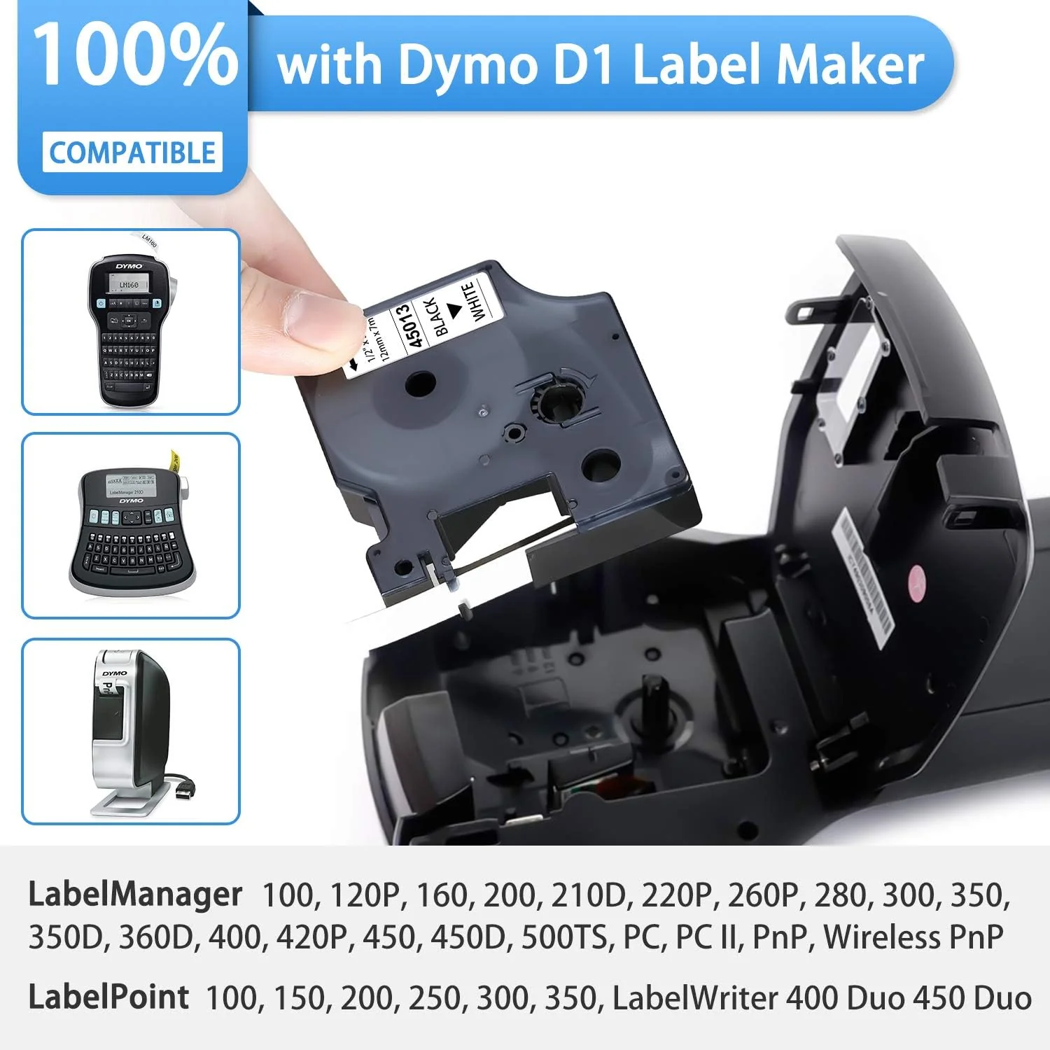 6-Pack Dymo D1 Label Tape 45013 Black on White 1/2 Inch x 23 Feet Compatible for DYMO LabelManager 160 280 210D 360D 420P Wireless PnP 220P 260P 500TS 450DUO - Image 2