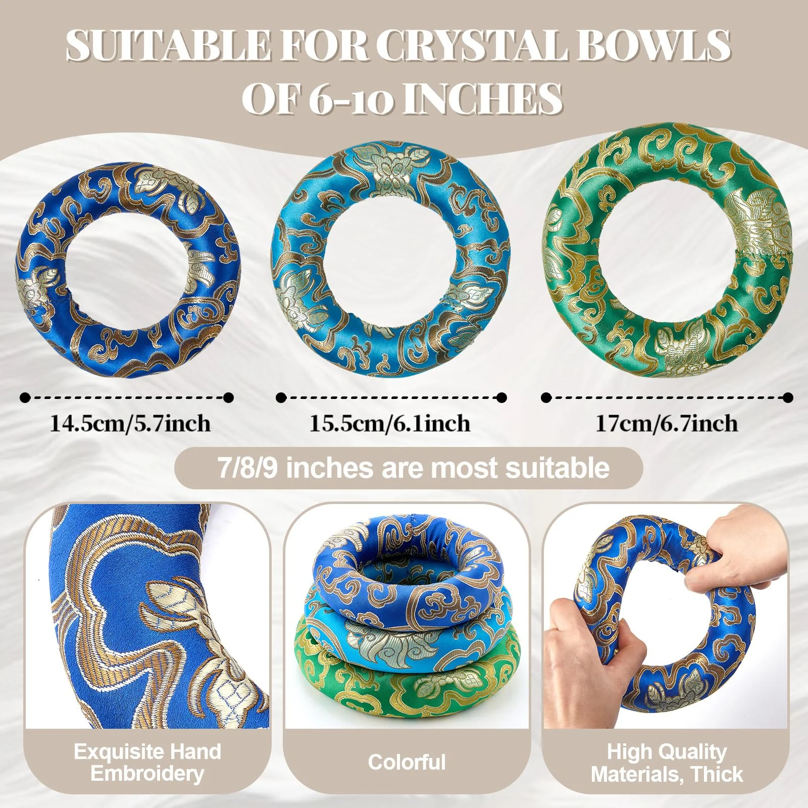 6 Pcs Singing Bowl Cushion Set 3 Silk Cloth O Ring with 3 Crystal Singing Bowl Mallet Include Solid and Hollow Stick Wood Handle Rubber Mallet for 7-9 Tibetan Sound Meditation - Image 2
