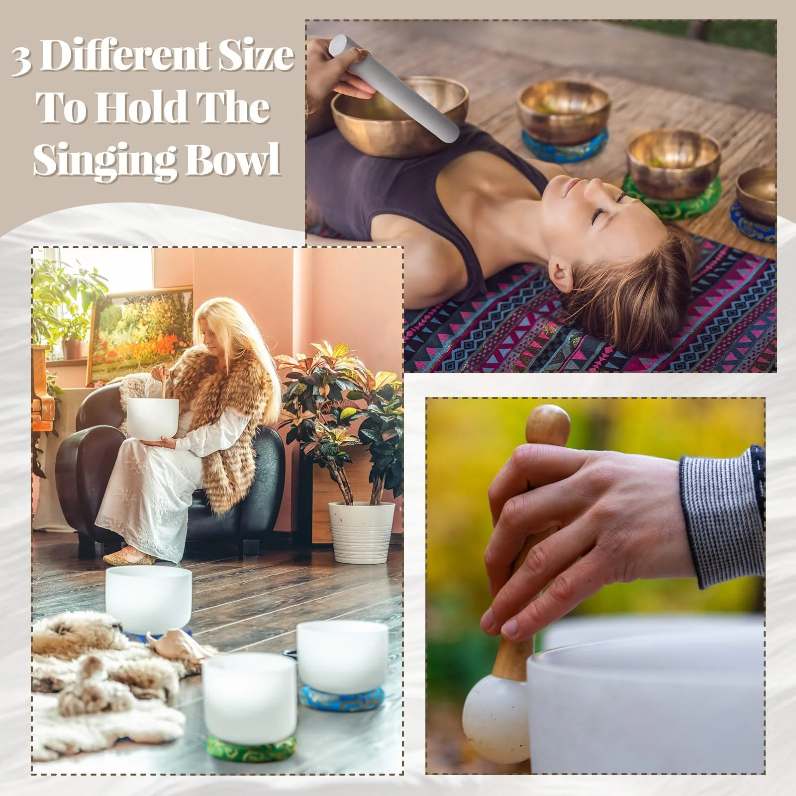 6 Pcs Singing Bowl Cushion Set 3 Silk Cloth O Ring with 3 Crystal Singing Bowl Mallet Include Solid and Hollow Stick Wood Handle Rubber Mallet for 7-9 Tibetan Sound Meditation - Image 5