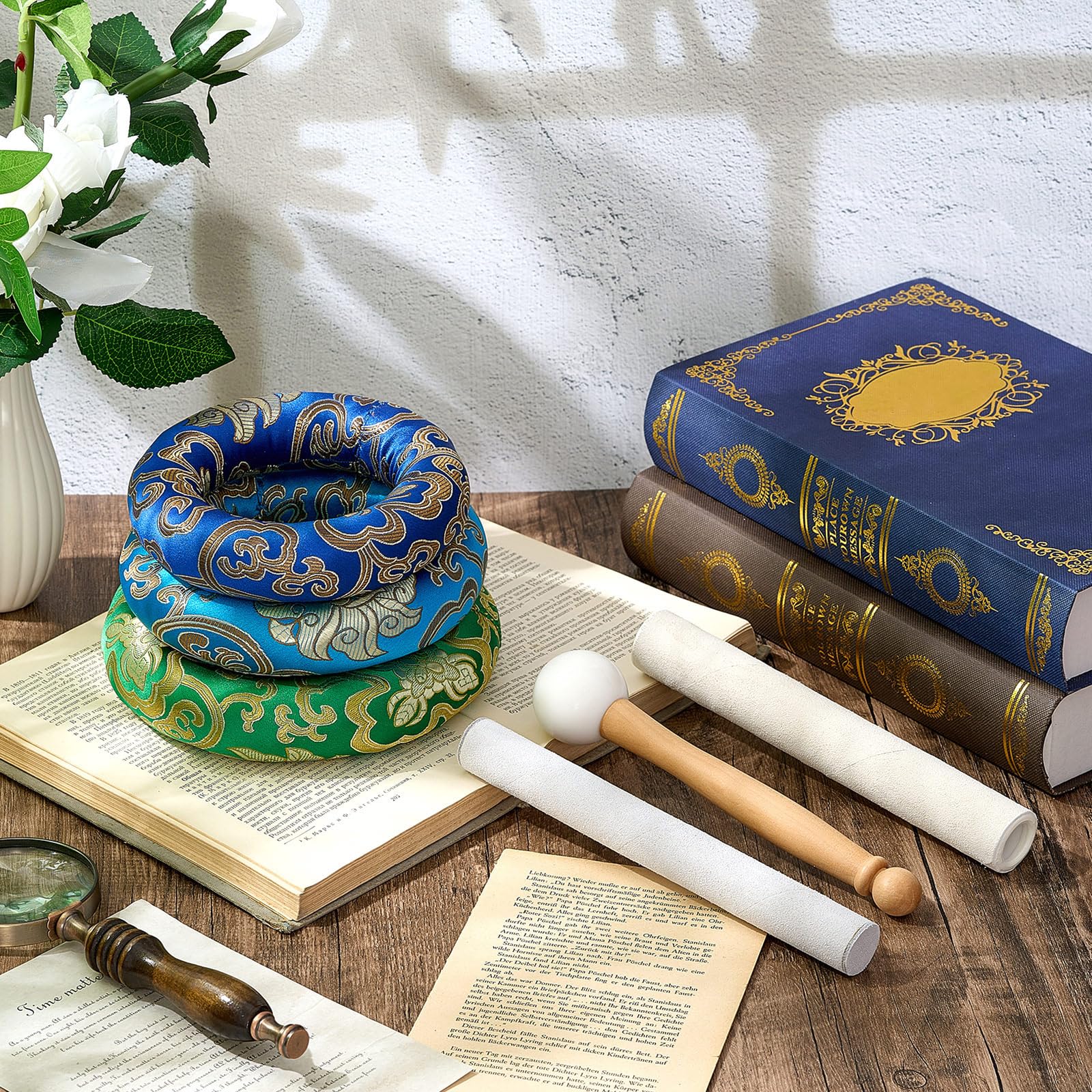 6 Pcs Singing Bowl Cushion Set 3 Silk Cloth O Ring with 3 Crystal Singing Bowl Mallet Include Solid and Hollow Stick Wood Handle Rubber Mallet for 7-9 Tibetan Sound Meditation - Image 6