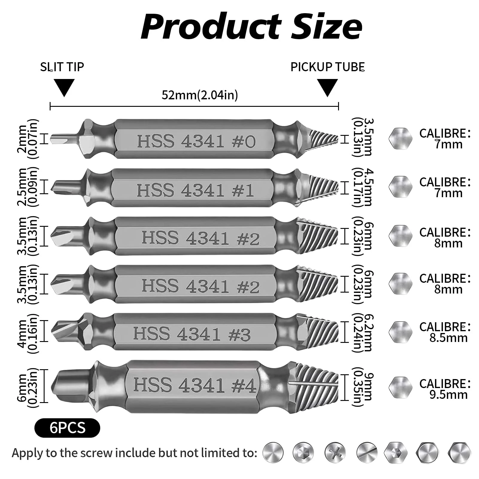 6 Piece Screw Extractor Set, Damaged Screw Remover Extractor, Double Head Left Extractor Set, Multiple for Removing Slightly Damaged Screws, Made of HSS 4341 - Image 2