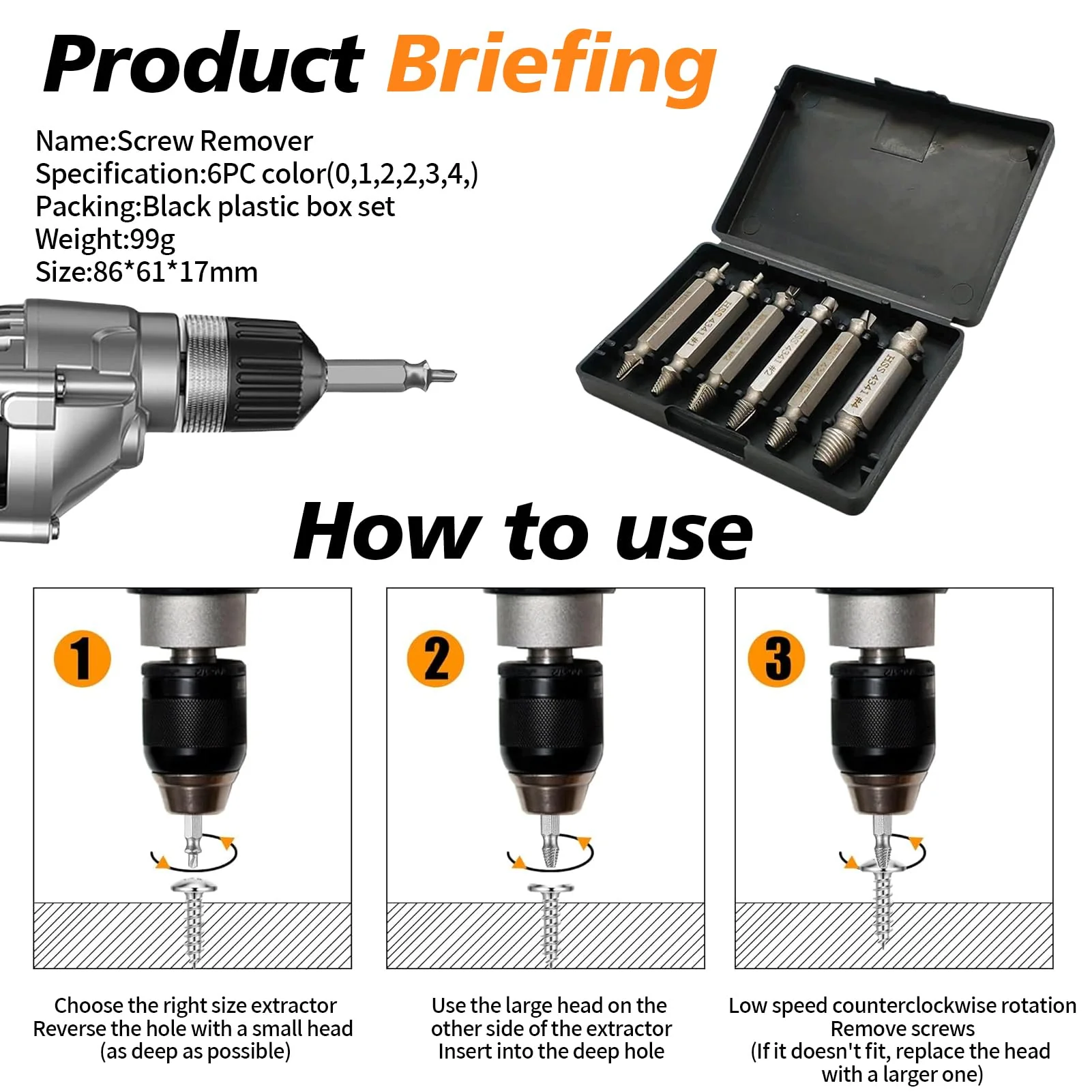 6 Piece Screw Extractor Set, Damaged Screw Remover Extractor, Double Head Left Extractor Set, Multiple for Removing Slightly Damaged Screws, Made of HSS 4341 - Image 3