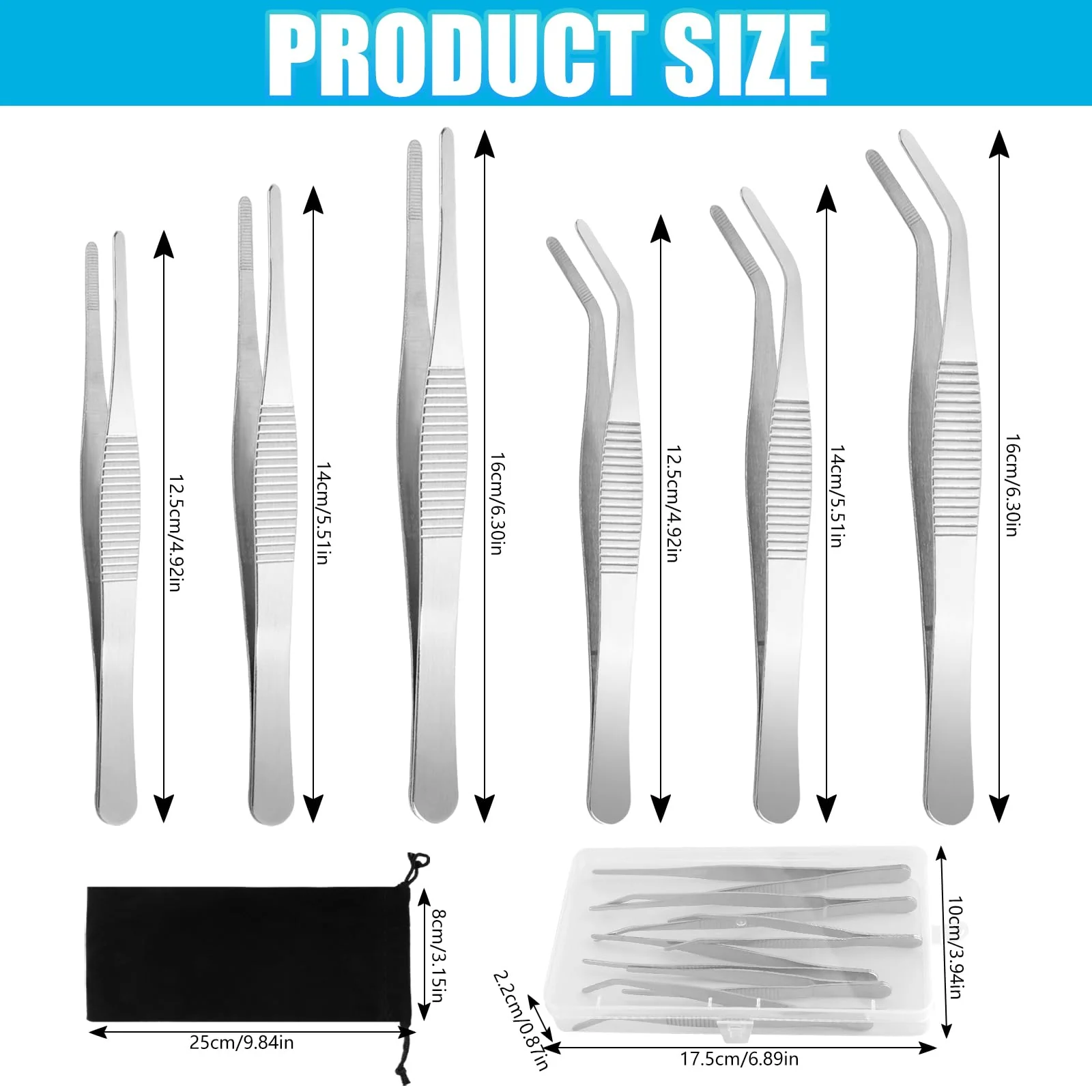 6-Piece Tweezers Set, 3 Sizes Stainless Steel Tweezers, 16 cm Long Tweezers with Storage Bag, Professional Non-Slip Curved Tweezers for Craft Repair, Sewing Machines, Jewellery, 12.5-16 cm - Image 2