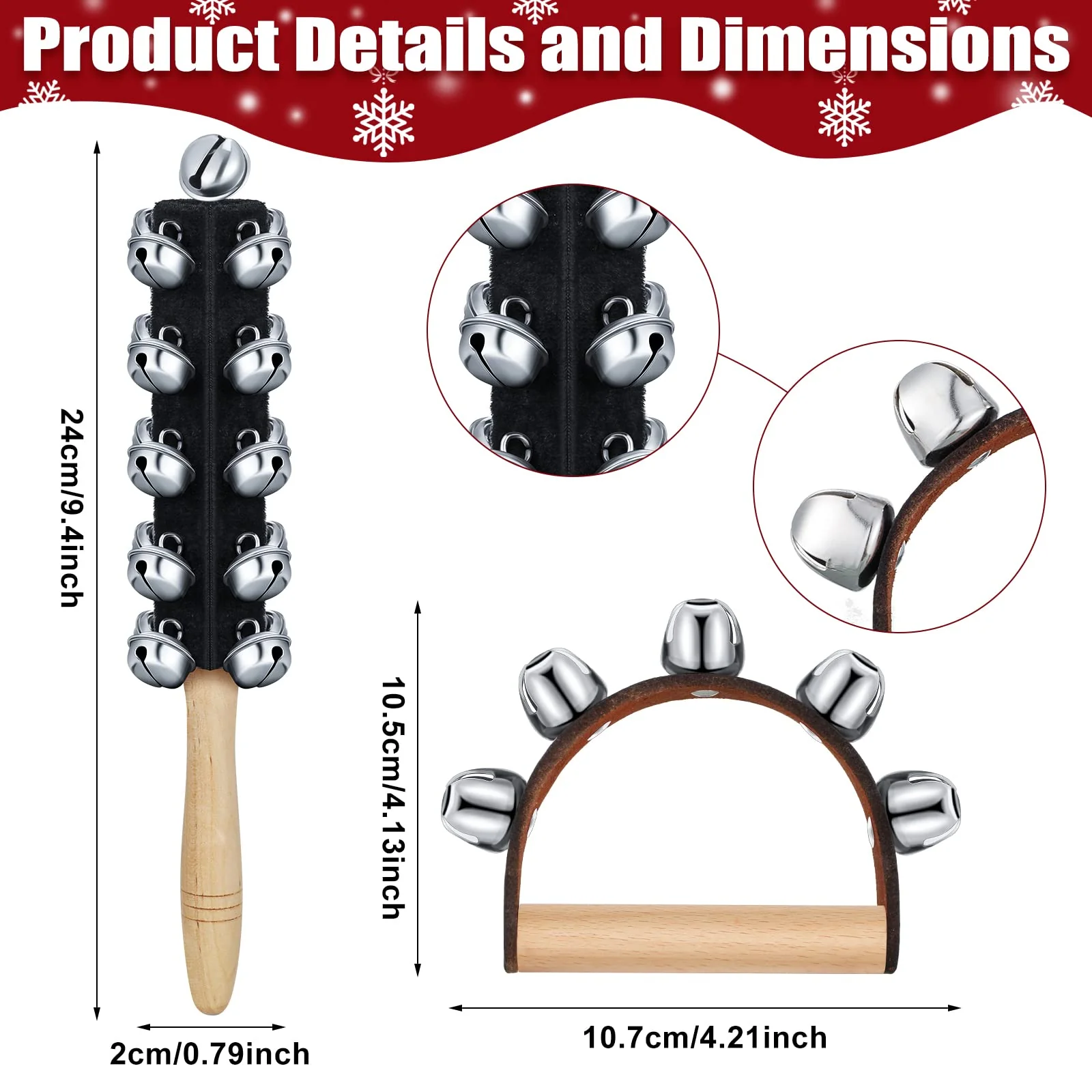 6 Pieces Christmas Hand Jingle Bells Wooden Hand Sleigh Bells Jingle Shaker Bells Handhold Bell Rattles Musical Bell Instruments Handheld Bells Holiday Christmas Decor (Black) Black - Image 2