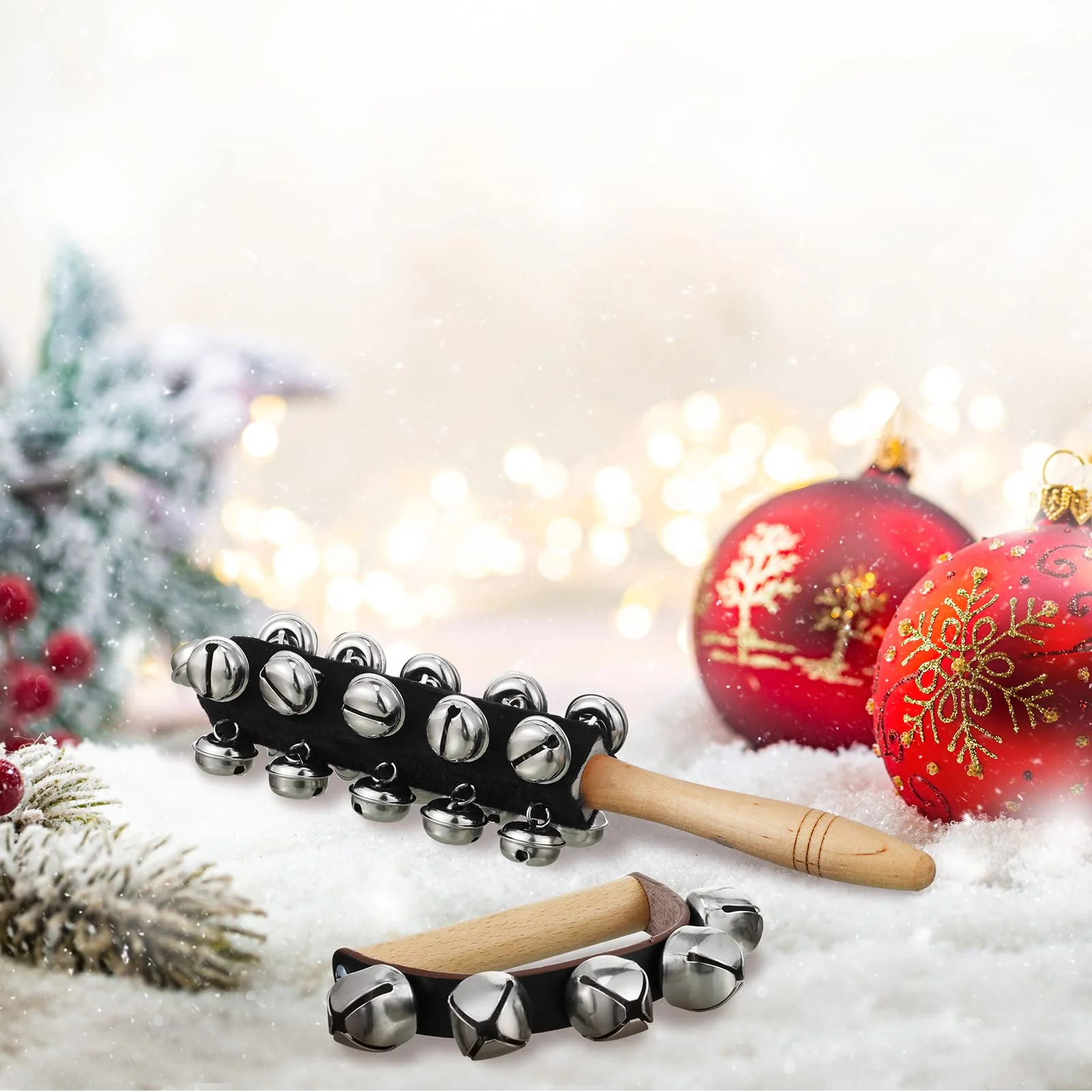 6 Pieces Christmas Hand Jingle Bells Wooden Hand Sleigh Bells Jingle Shaker Bells Handhold Bell Rattles Musical Bell Instruments Handheld Bells Holiday Christmas Decor (Black) Black - Image 3