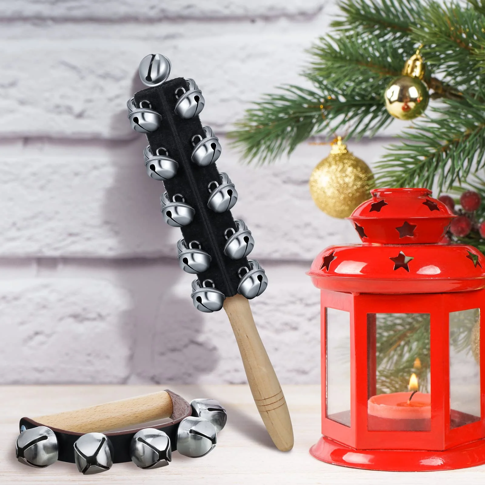 6 Pieces Christmas Hand Jingle Bells Wooden Hand Sleigh Bells Jingle Shaker Bells Handhold Bell Rattles Musical Bell Instruments Handheld Bells Holiday Christmas Decor (Black) Black - Image 5