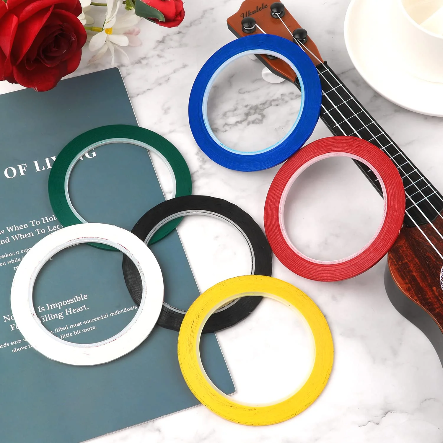 6 Rolls Violin Tape Fingerboard, 216 ft/66m Cello Tape Instrument Fingering Tape Violin Tape for Beginners Fretboard Orchestral Instruments (6 Colors) - Image 3