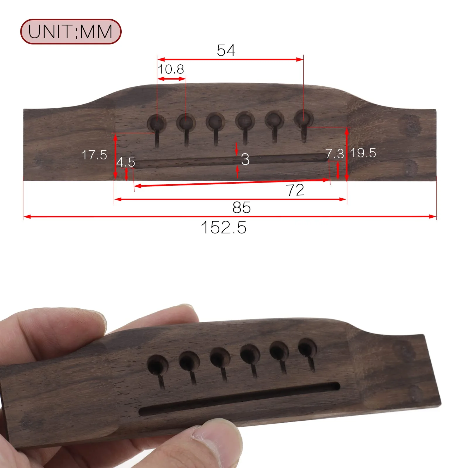6 String Acoustic Guitar Bridge Bone Bridge Saddle and Nut, Rosewood Acoustic Guitar Bridge Pins with Bridge Pin Puller Remover, Acoustic Guitar Bridge Replacement Parts - Image 3