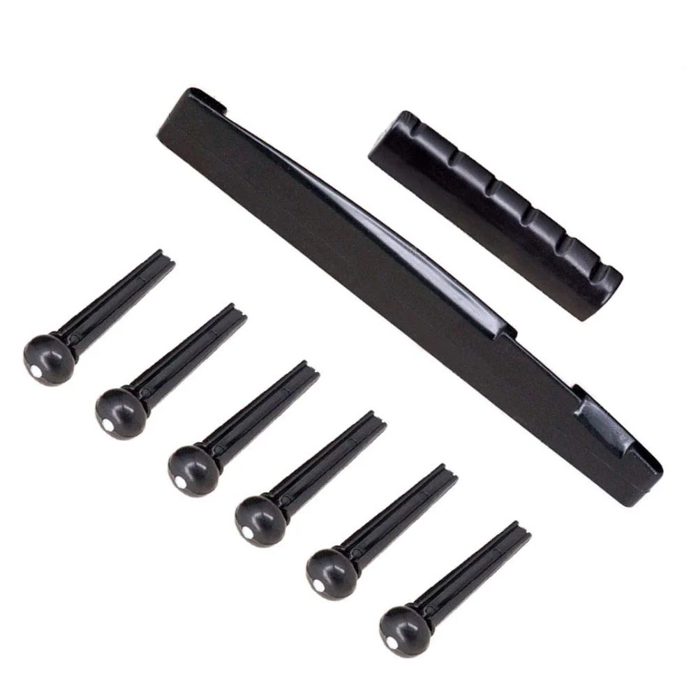 6 String Acoustic Guitar Rosewood Bridge Saddle Nut Pins Set Including Bridge & Six Bridge Pins & End Pin & Saddle and Nut Replacement Parts - Style B,Black - Image 2