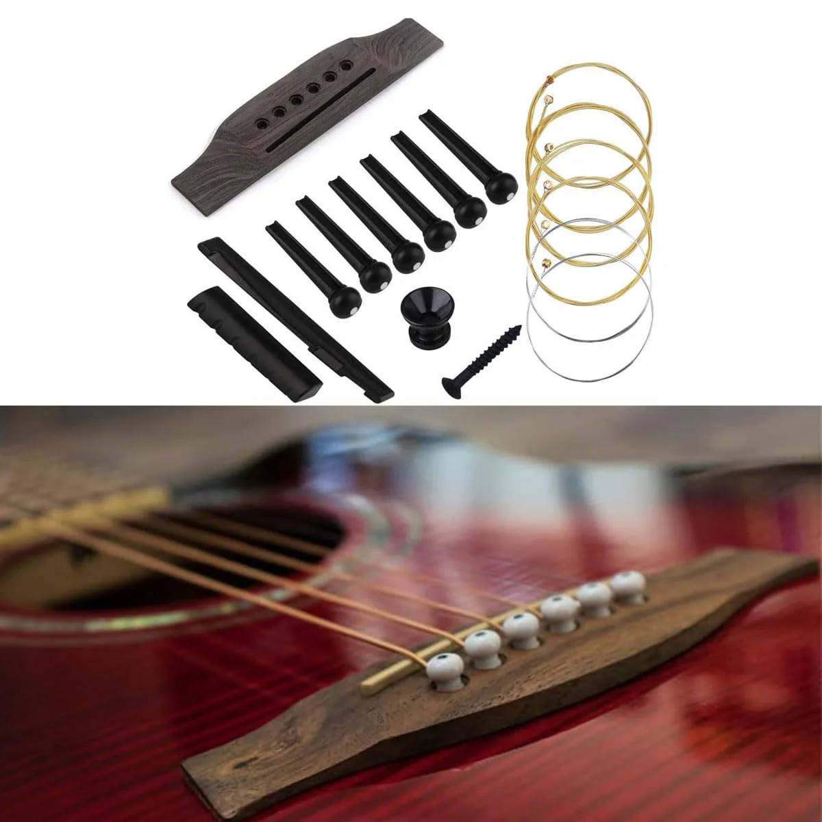 6 String Guitar Bridge Saddle Nut Pins Replacement Parts Set, Guitar Rosewood Bridge, 6Pcs Bridge Pins, End Pin, Guitar 6 String, Saddle and Nut Accessories for Acoustic Folk Guitar Black - Image 3